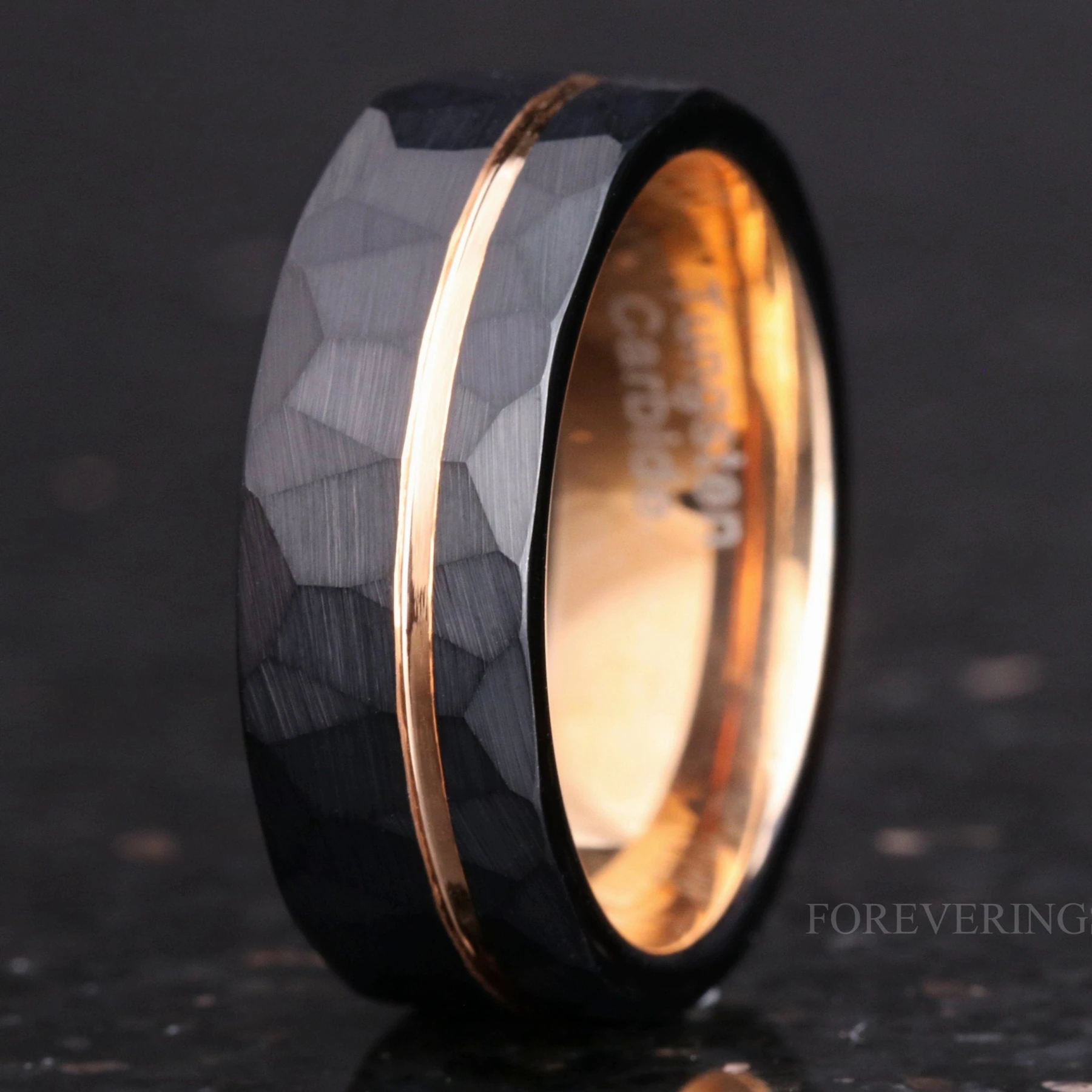 Matte Black Hammered Ring, Men Wedding Band, Rose Gold Tungsten Ring