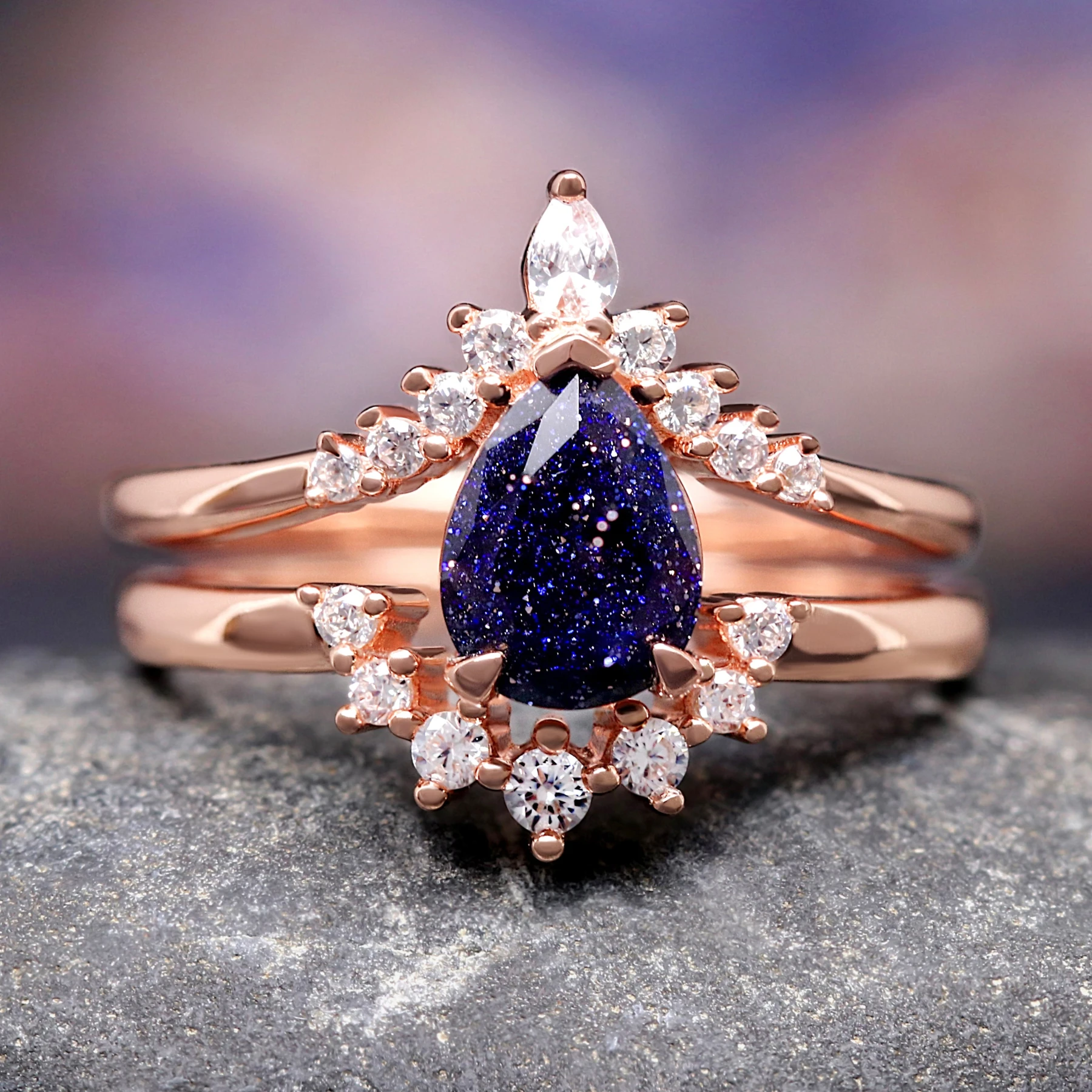 Starry Night Engagement Ring Set, Blue Sandstone Galaxy Ring, Rift Nebula Ring