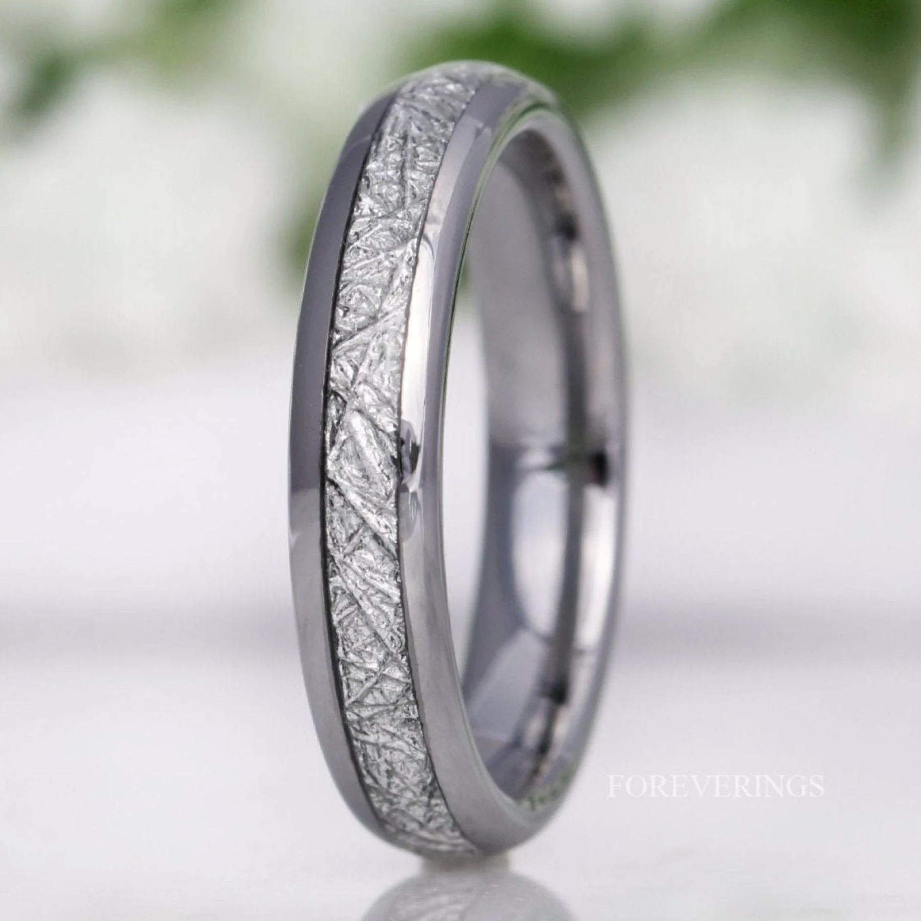 Meteorite Tungsten Wedding Band, 4mm Silver Tungsten Ring, No Plating