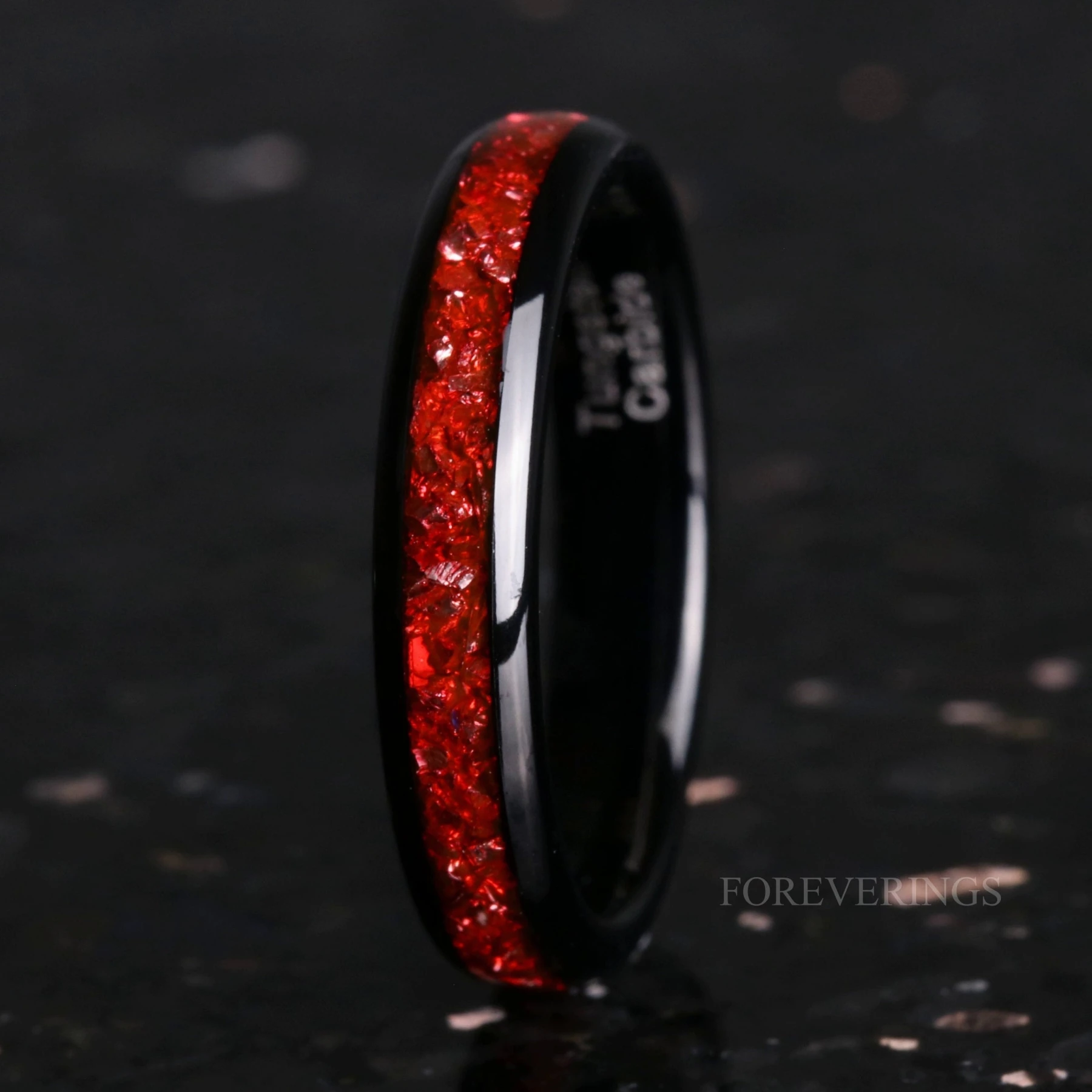 4mm Tungsten Wedding Band, Crushed Red German Glass Stones, Black Ring