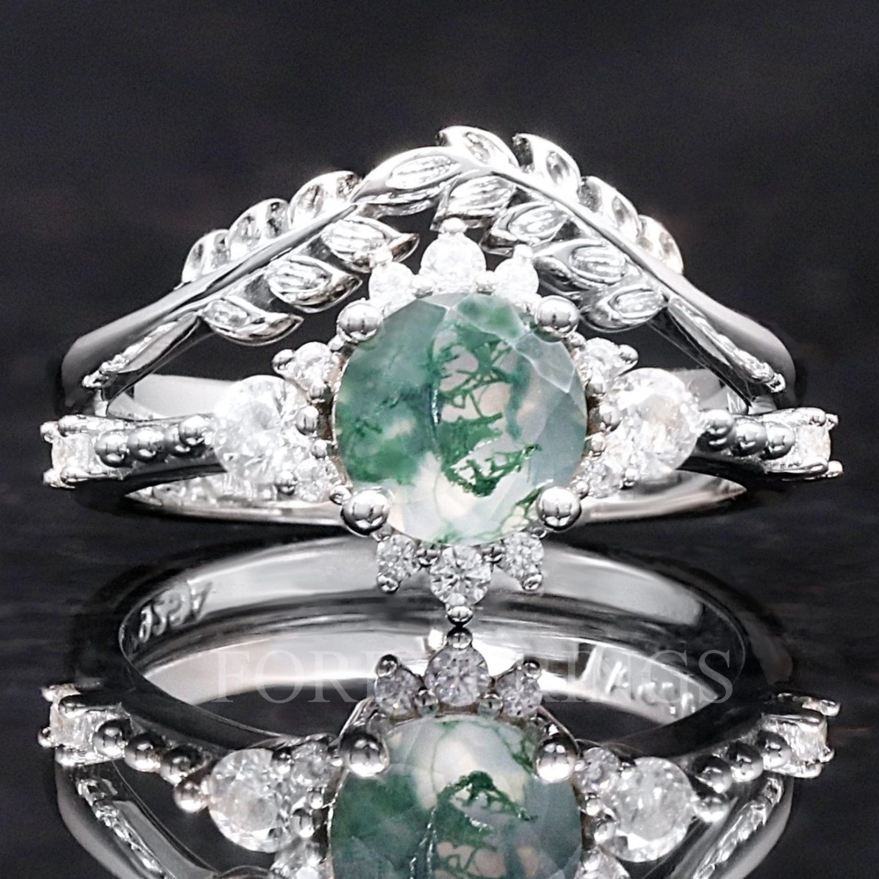 Green Moss Agate Engagement Ring Set, 925 Sterling Silver Moss Agate Ring