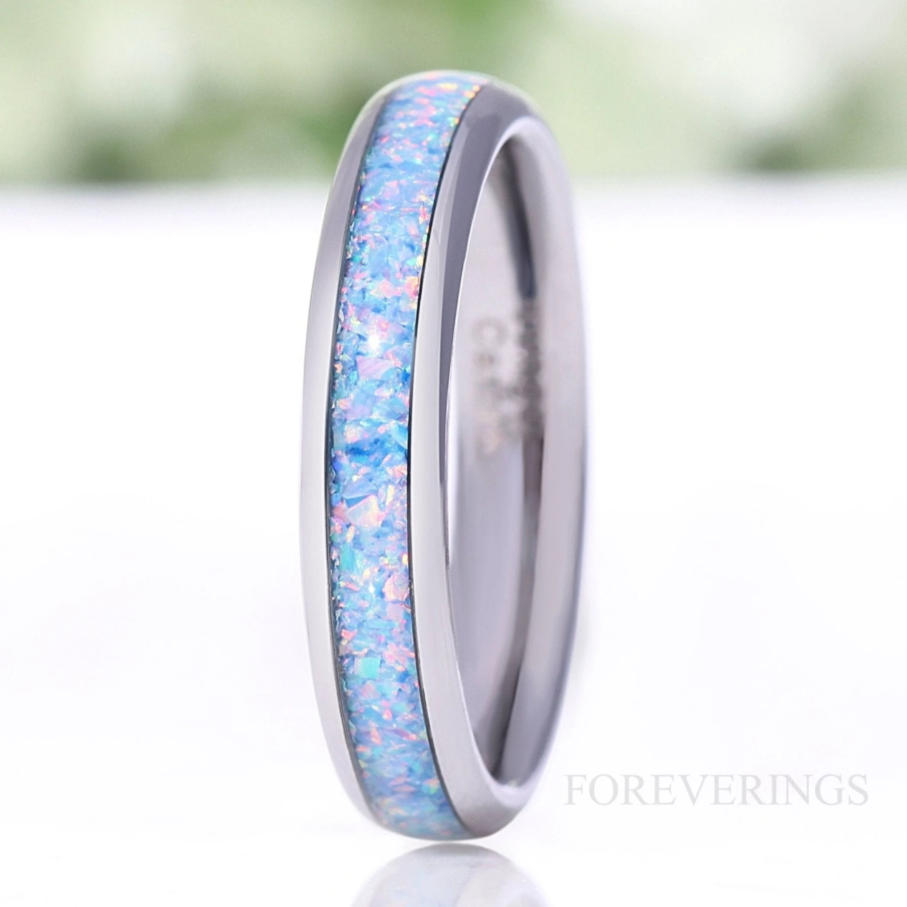 Rainbow Opal Ring, 4mm Silver Tungsten Wedding Band, No Plating