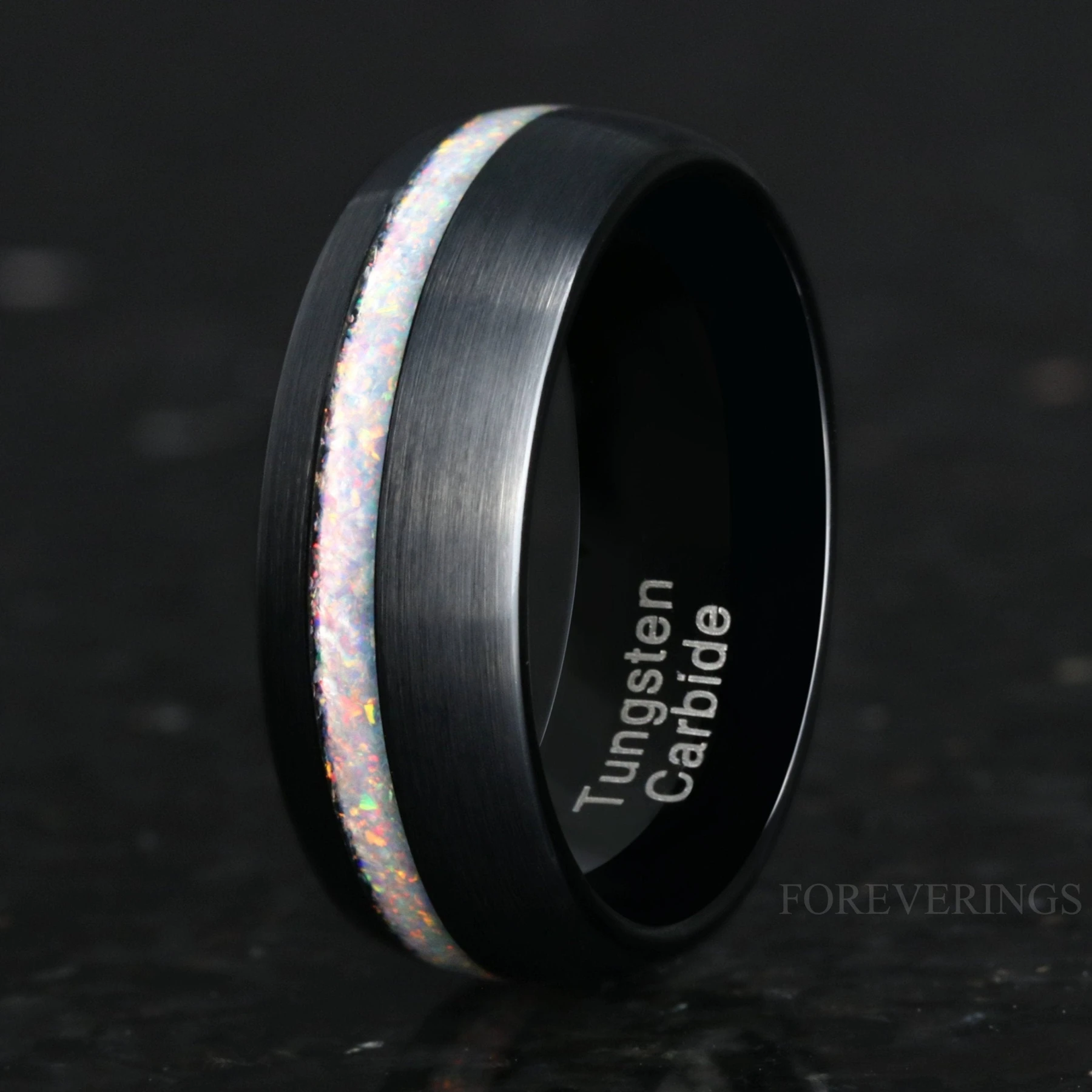 Mens Opal Wedding Band | White Fire Opal Black Tungsten