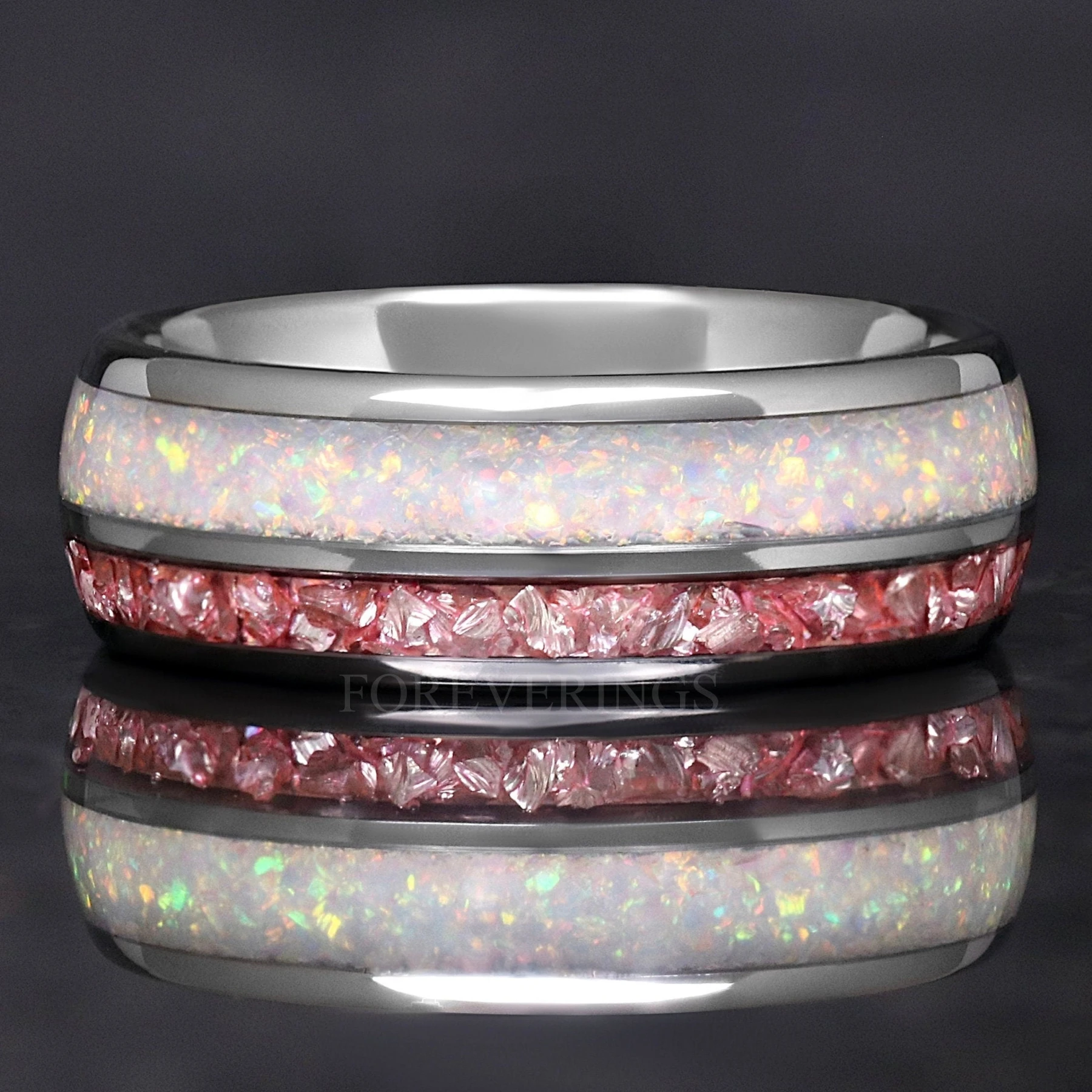 Mens Opal Wedding Band | White Fire Opal Morganite Tungsten