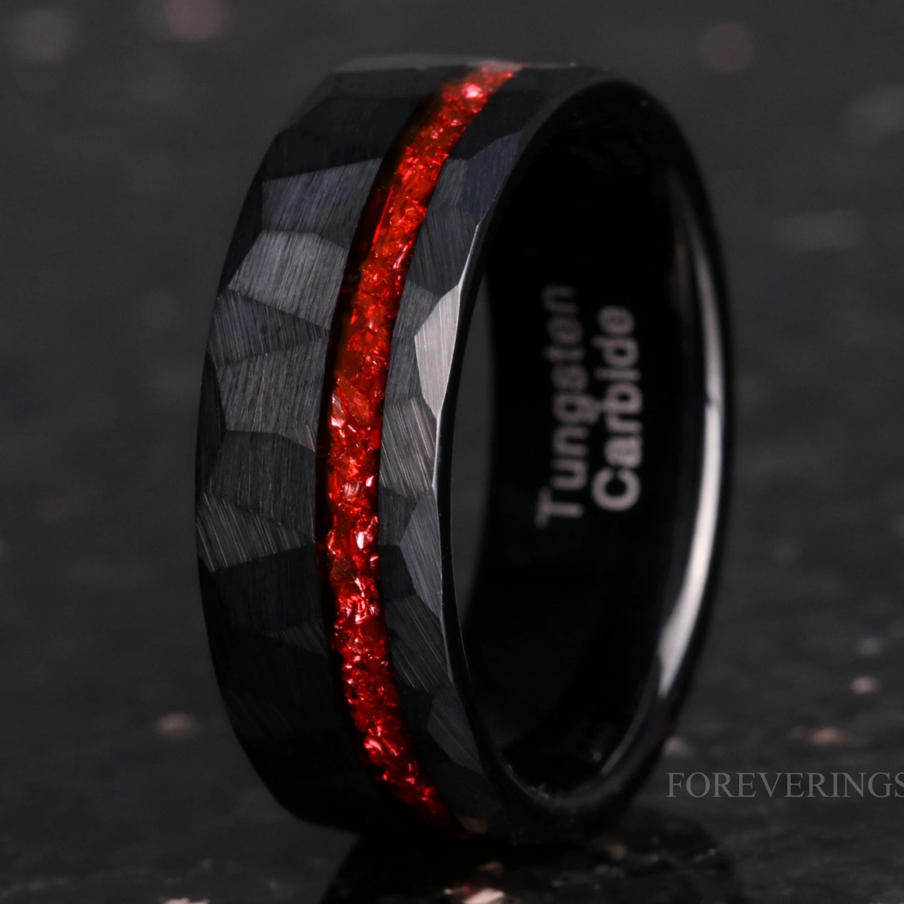 8mm Men Tungsten Wedding Band, Crushed Red German Glass Stones