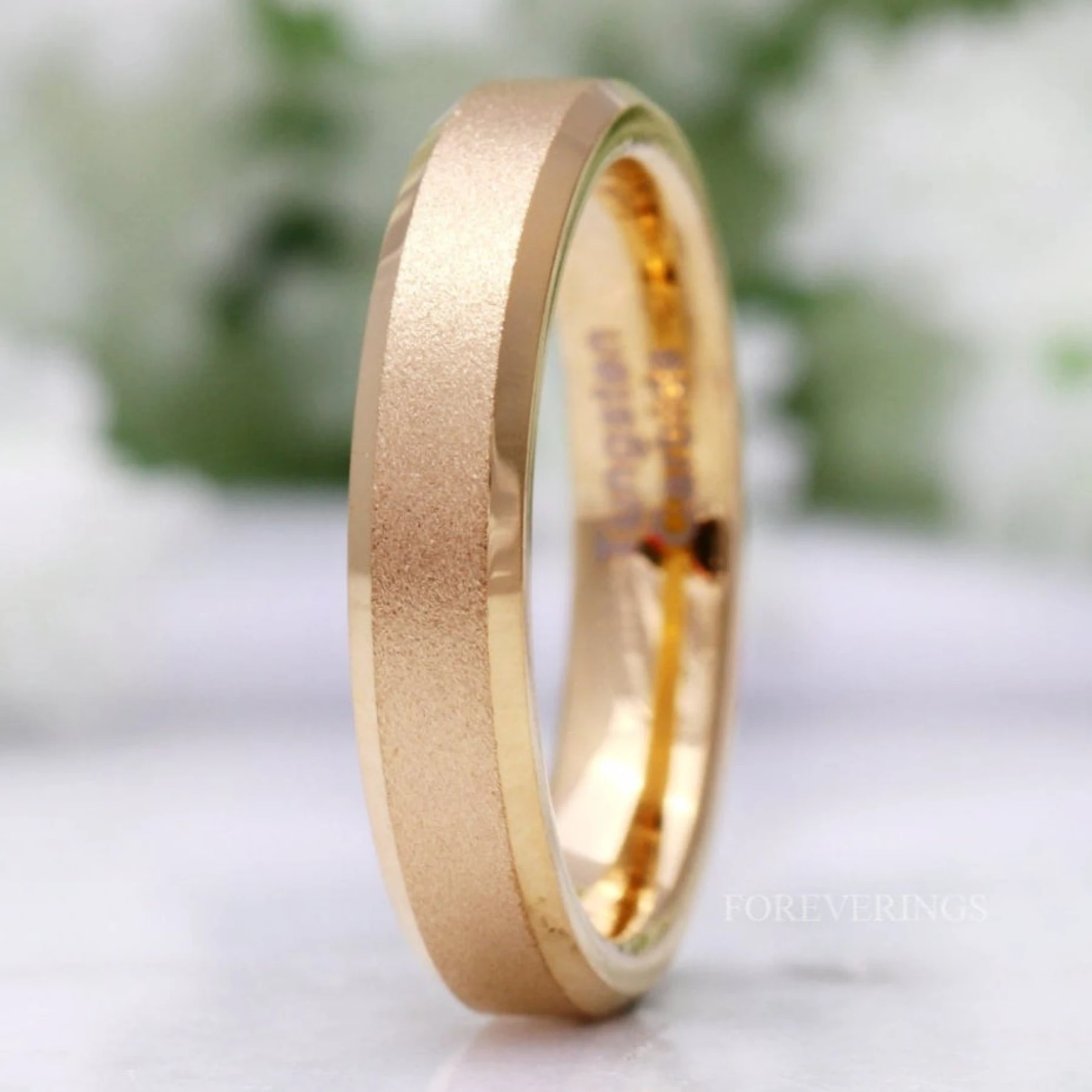 Gold Wedding Band Women, Flat Gold Ring, Gold Sandblasted Ring