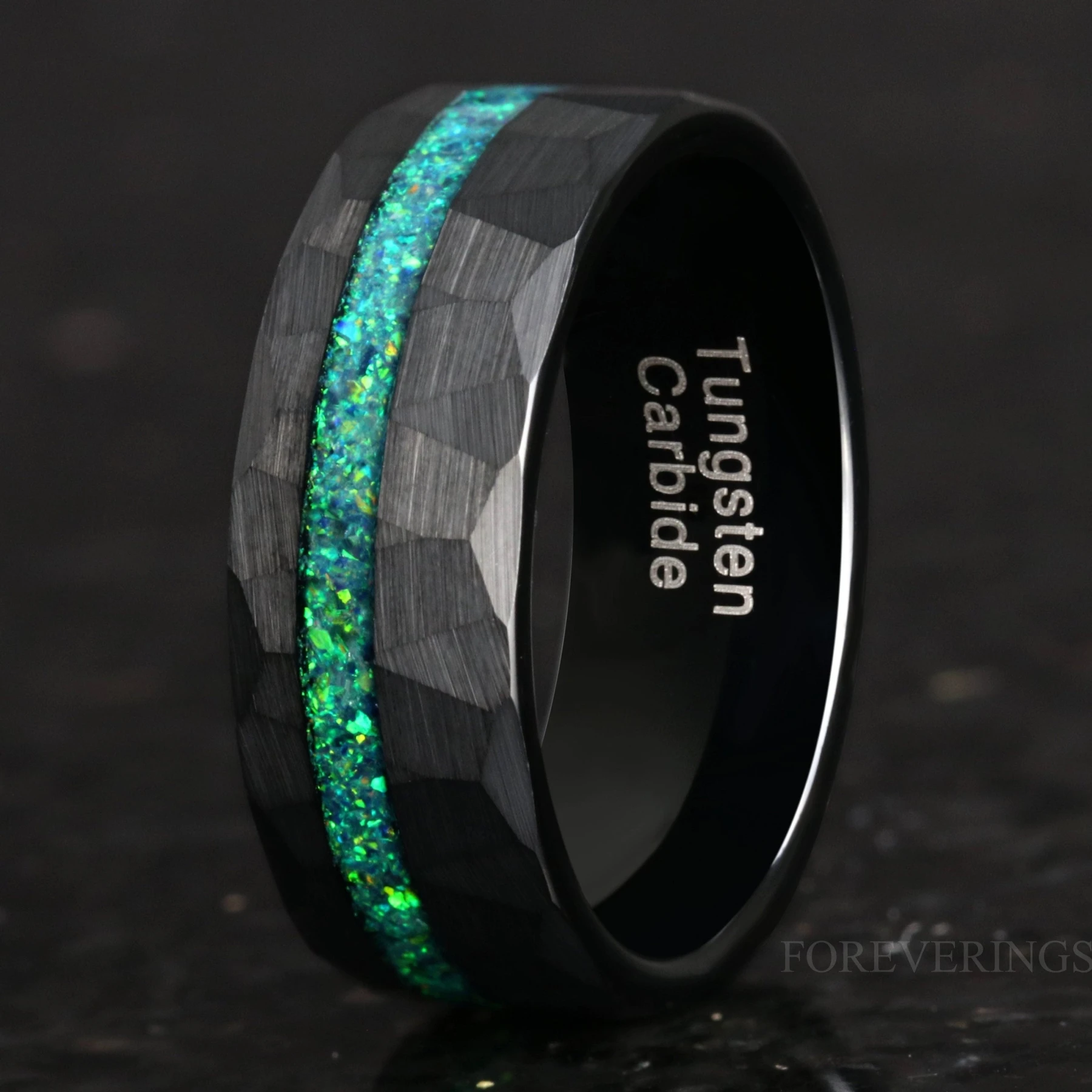 Emerald Green Opal Ring | Hammered Black Tungsten Band | 6mm 8mm