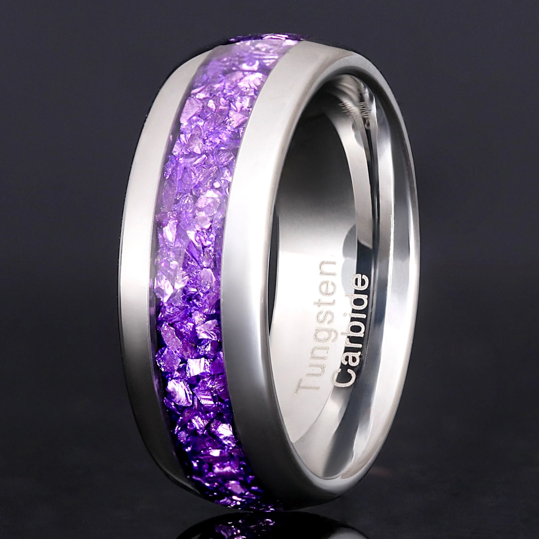 Amethyst Ring, Purple Men’s Wedding Band, 8mm Silver Tungsten Ring