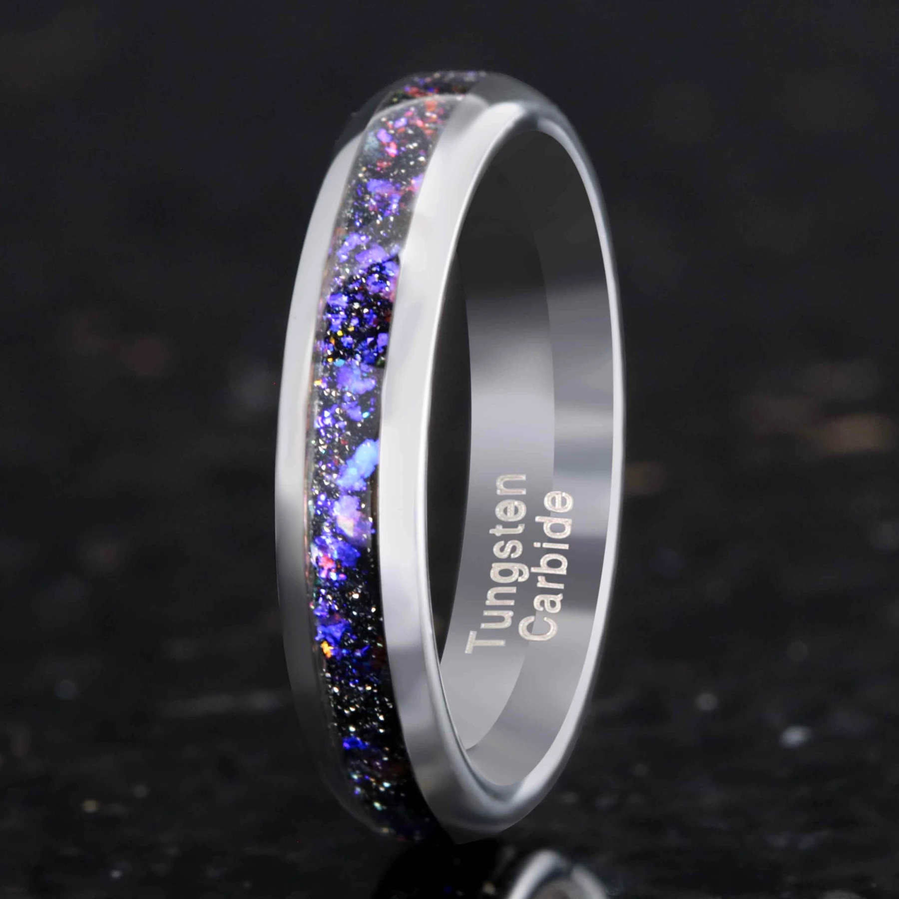 Orion Nebula Ring, 4mm Silver Tungsten Wedding Band, Outer Space Ring