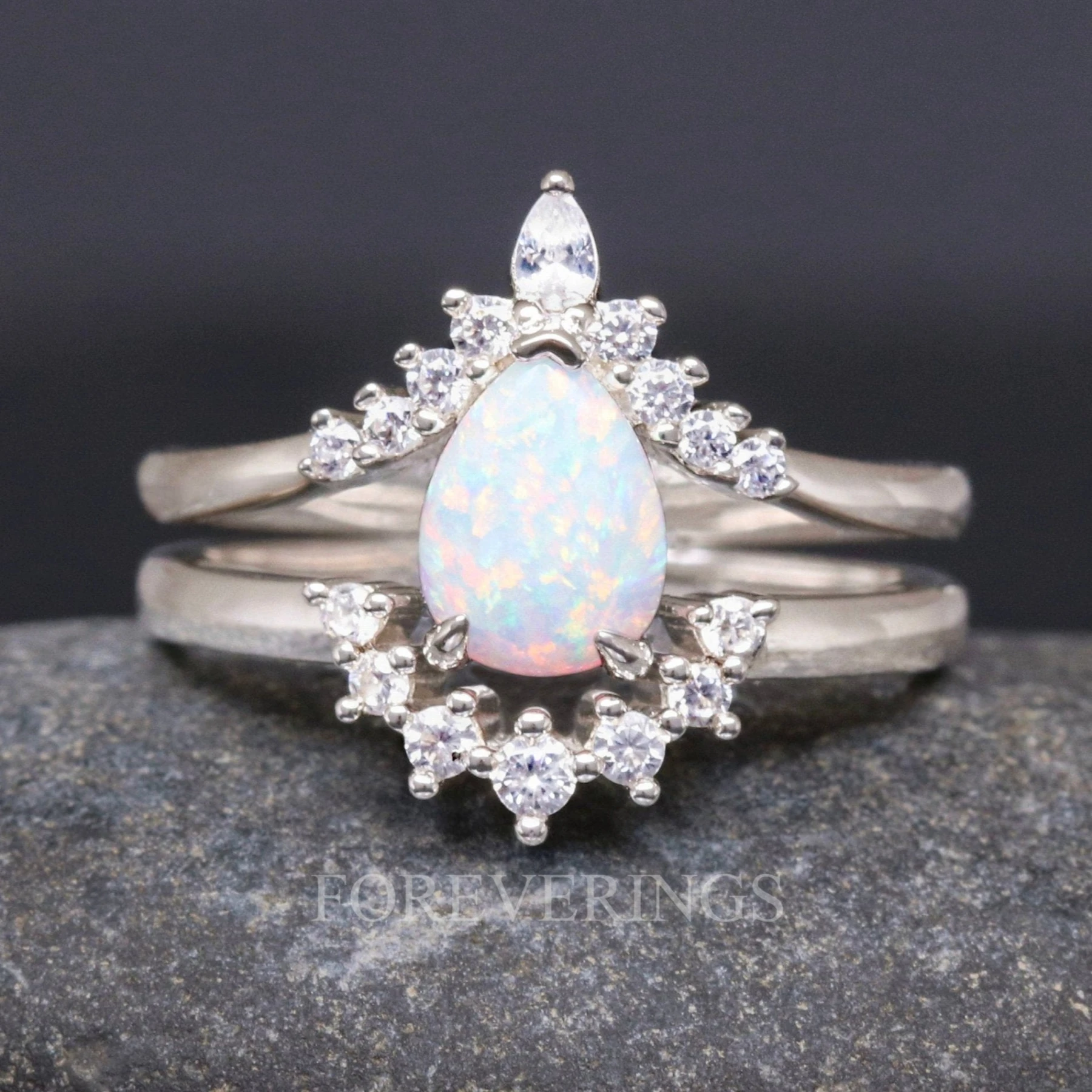 White Fire Opal Engagement Ring, Unique Silver Ring