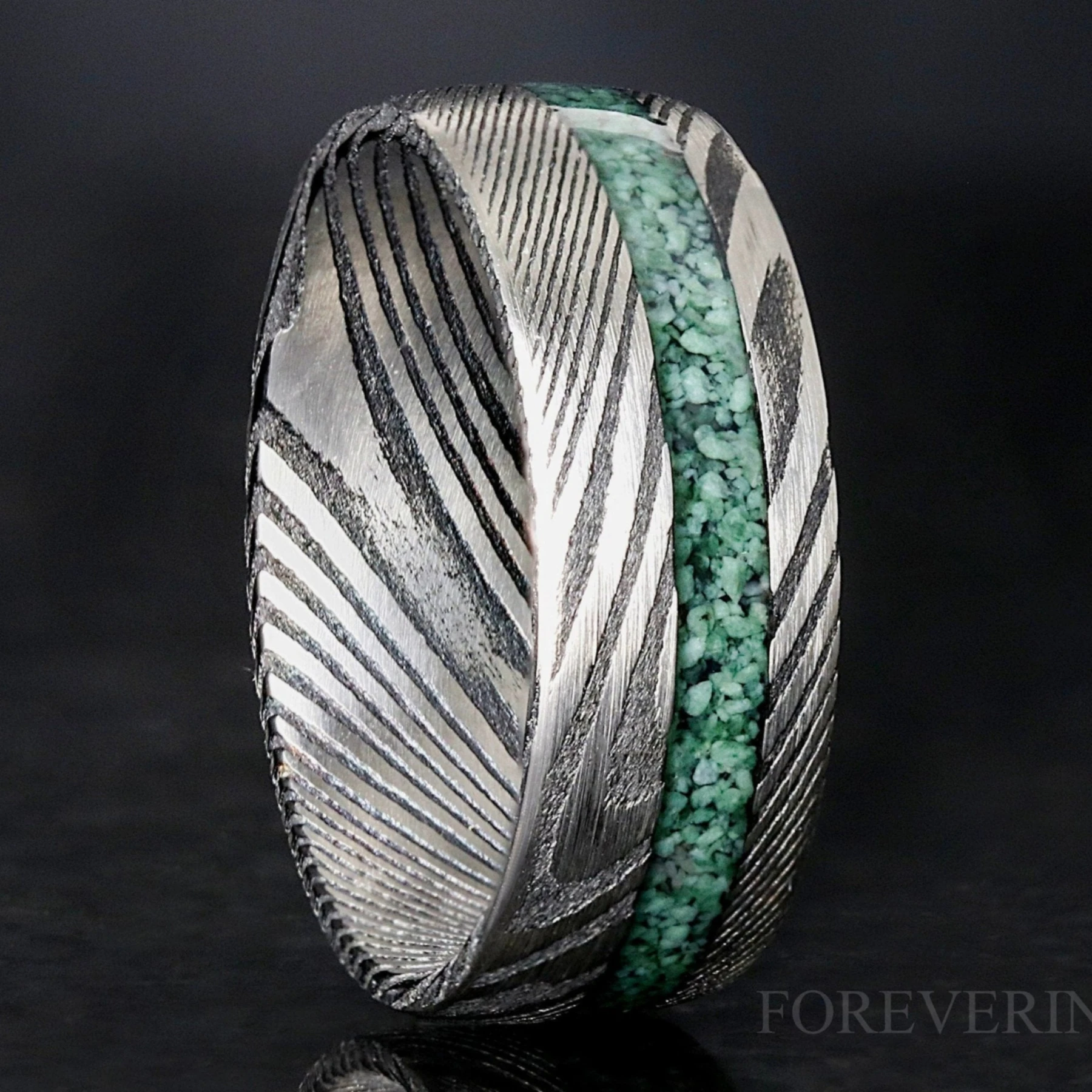 Mens Damascus Ring with Natural Green Moss Agate, Man Wedding Band