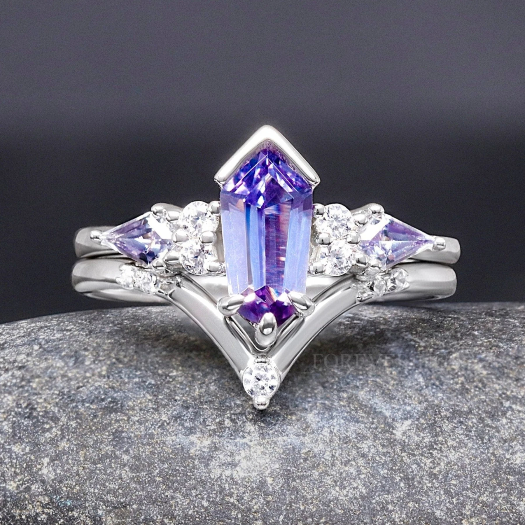 Alexandrite Engagement Ring Set, Woman Crab Nebula Ring, Kite Coffin Cut