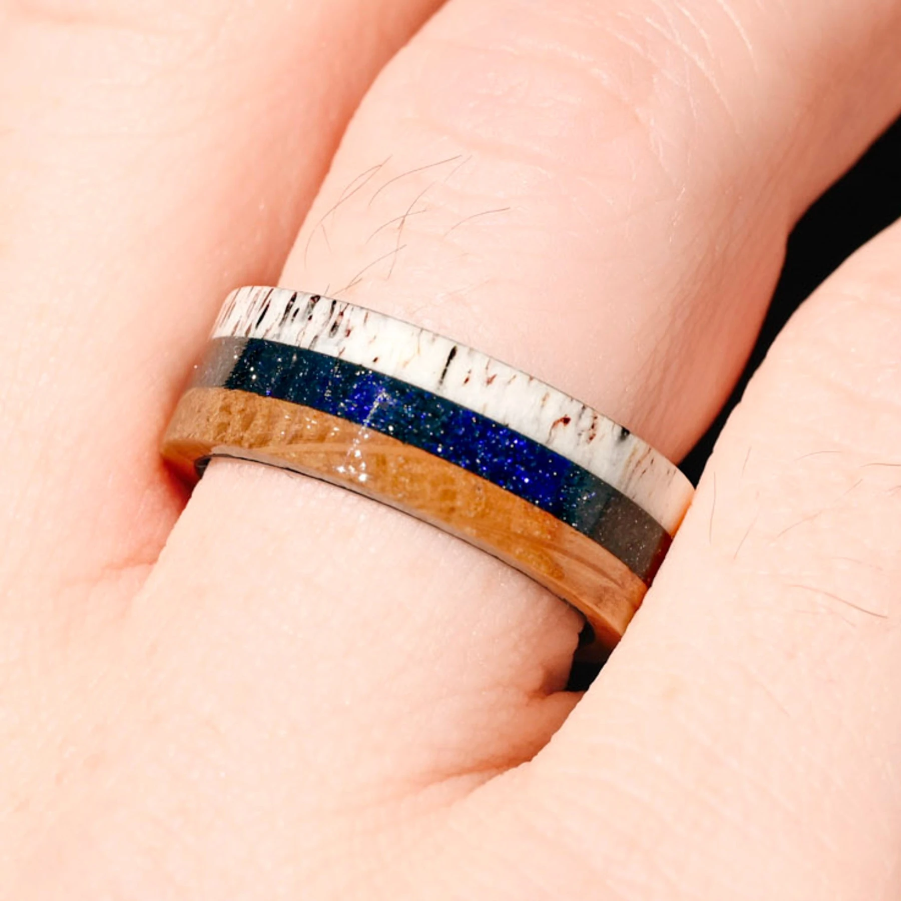 Mens Whiskey Barrel Ring, Antler Wedding Band, Black Nebula Ring