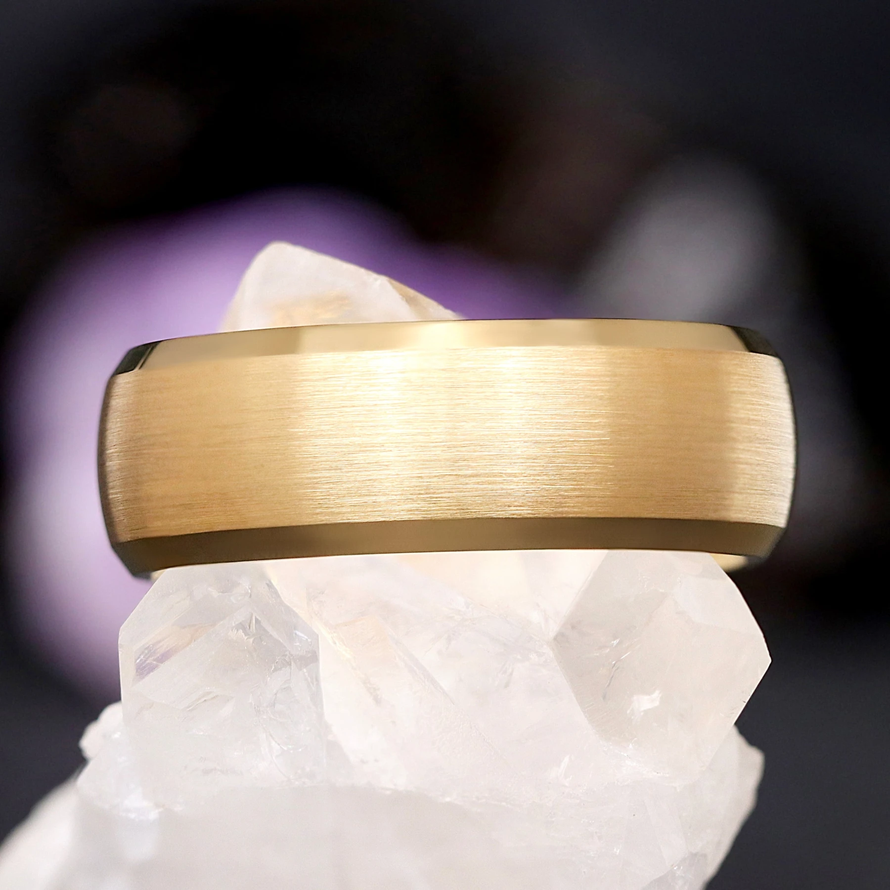 Man Brushed Gold Wedding Band, Gold Tungsten Ring, Bevel Edge