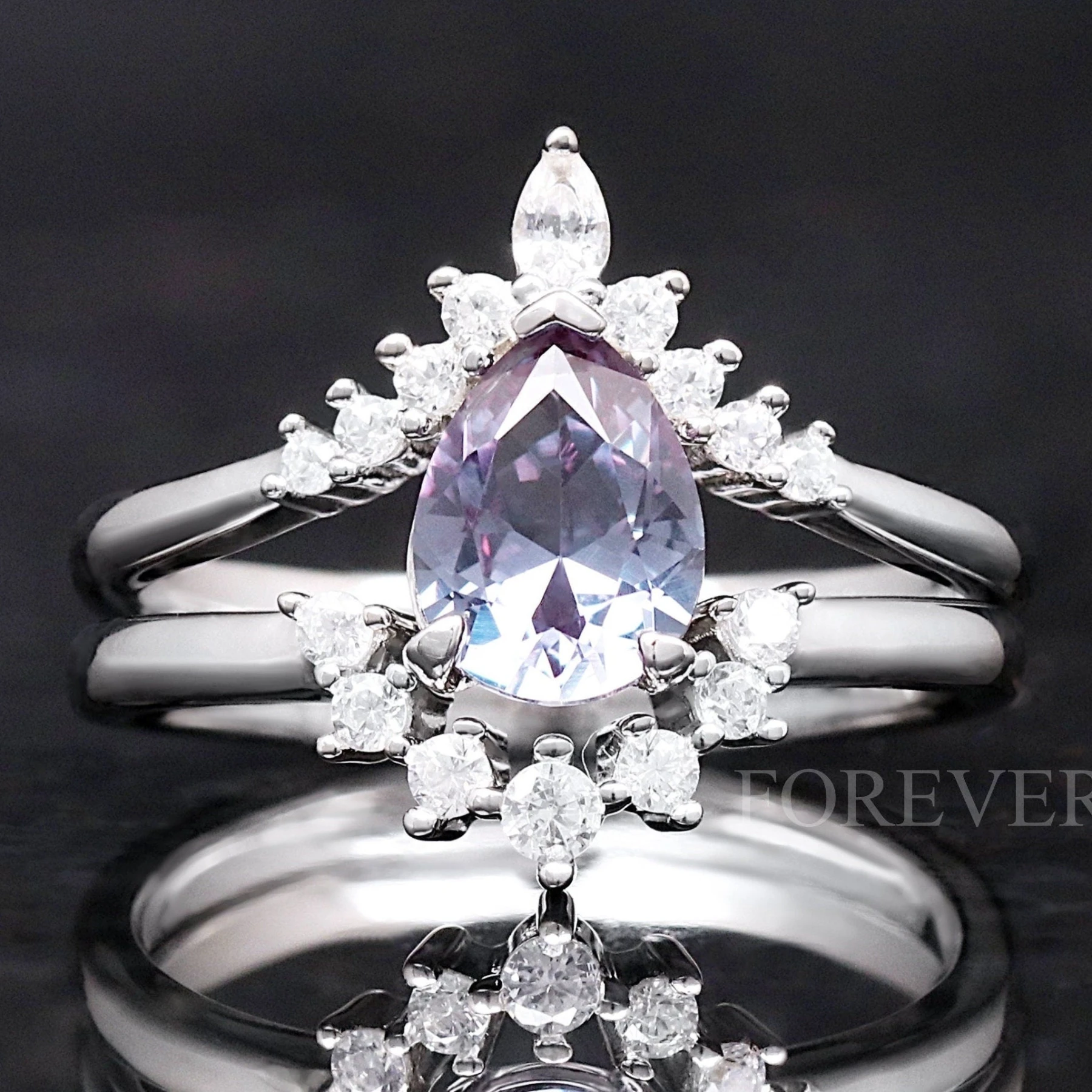 Alexandrite Engagement Ring Set, Crab Nebula Ring, Pear Cut Stone