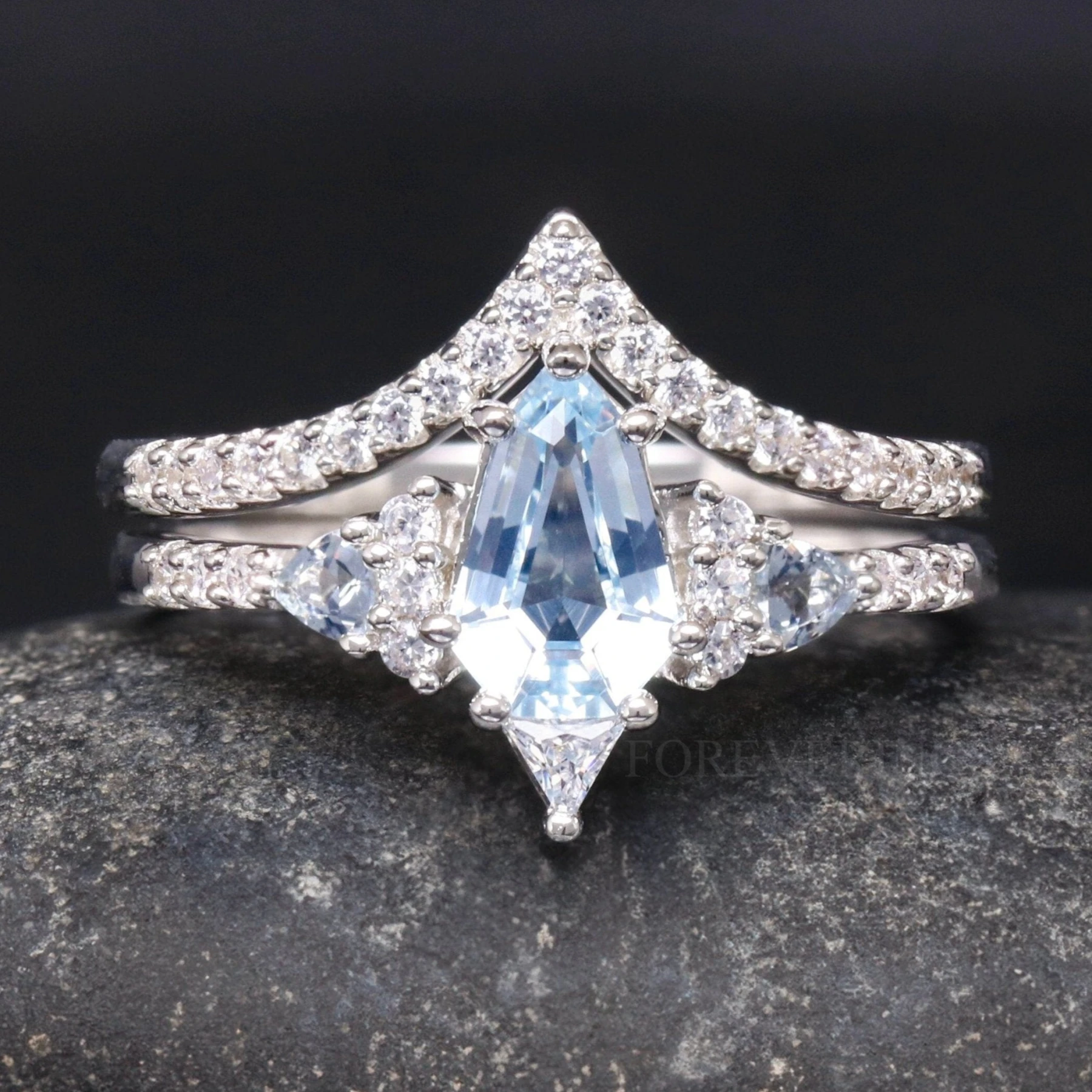 Lumiere Aquamarine Wedding Ring, Woman Engagement Ring Set, Shield Cut