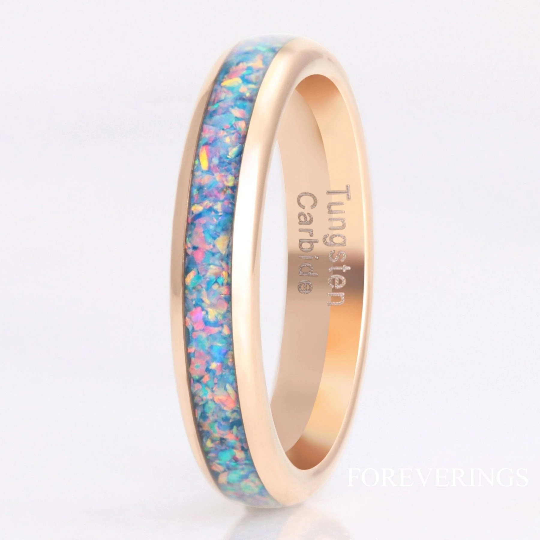 Rainbow Fire Opal Ring, Rose Gold Wedding Band, 4mm Rose Gold Tungsten