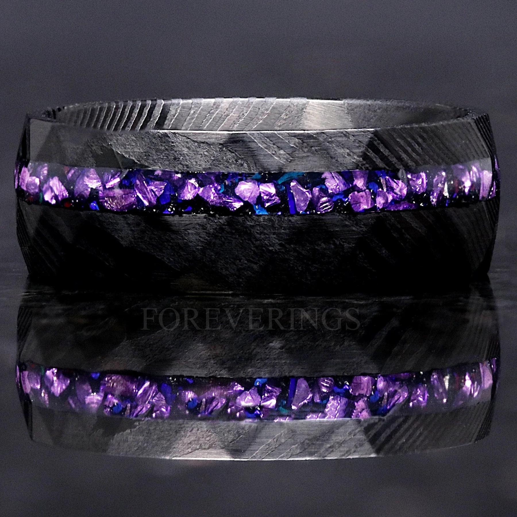 Black Damascus Ring Man, Crab Nebula Ring, Alexandrite Wedding Band