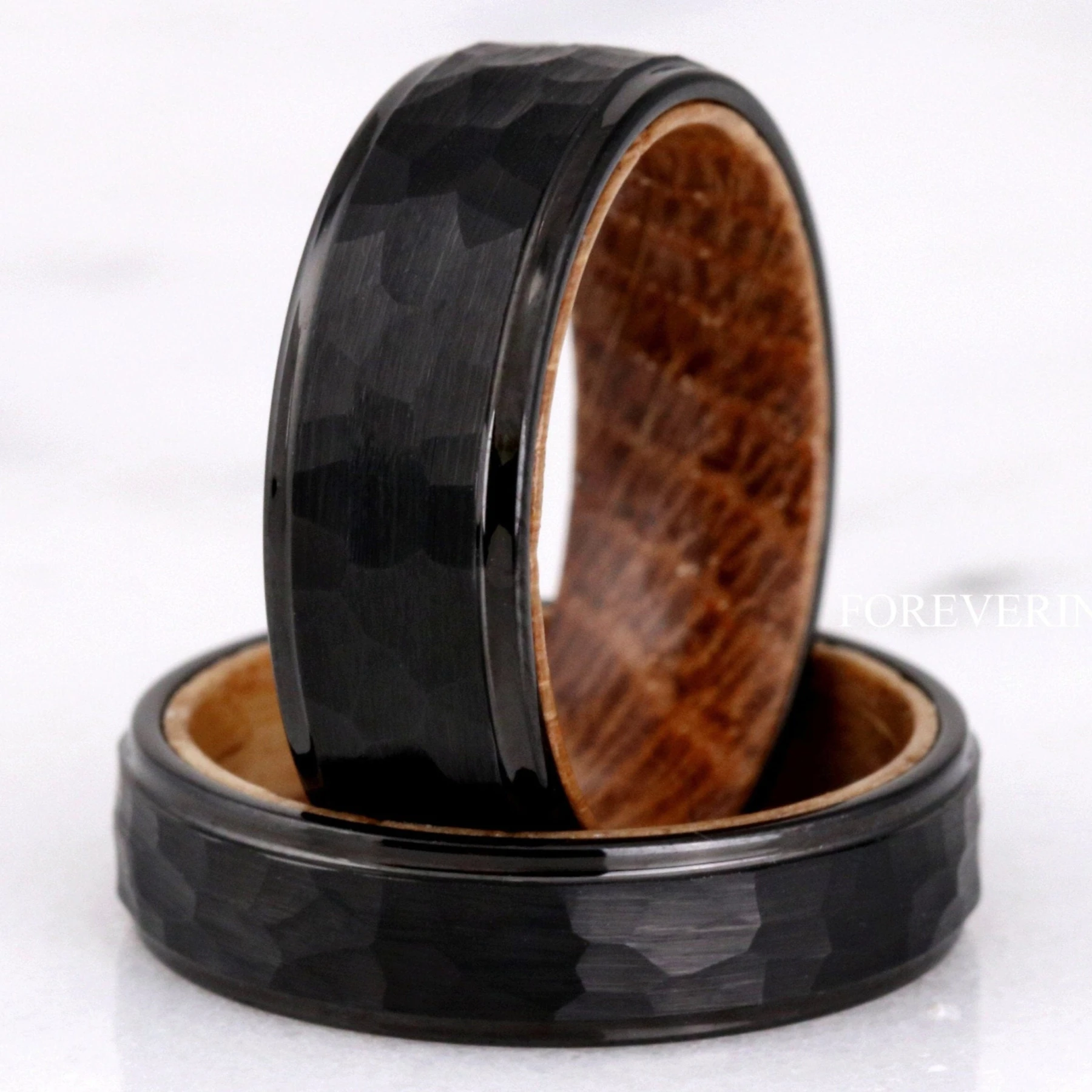 Mens Whiskey Barrel Ring, Black Tungsten Wedding Band, Metal Wood Ring