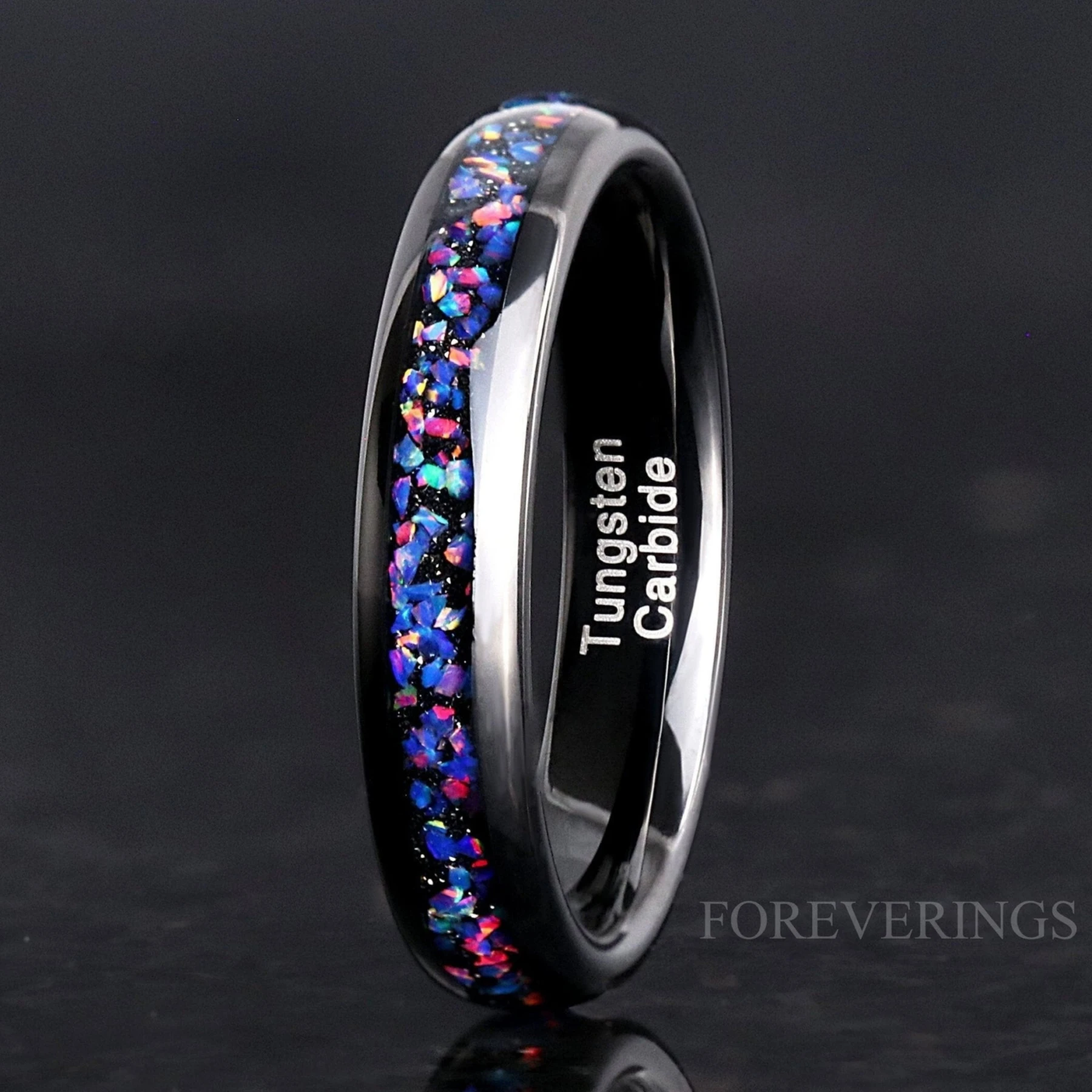 Van Gogh Opal Ring | Black Tungsten Wedding Band | 4mm