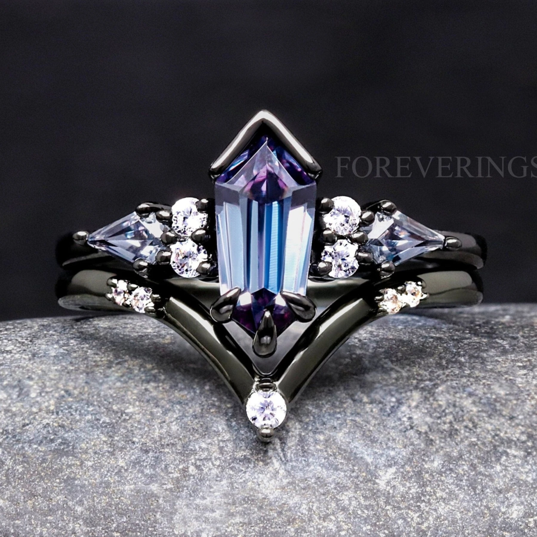 Black Alexandrite Engagement Ring Set, Woman Crab Nebula Ring, Kite Coffin