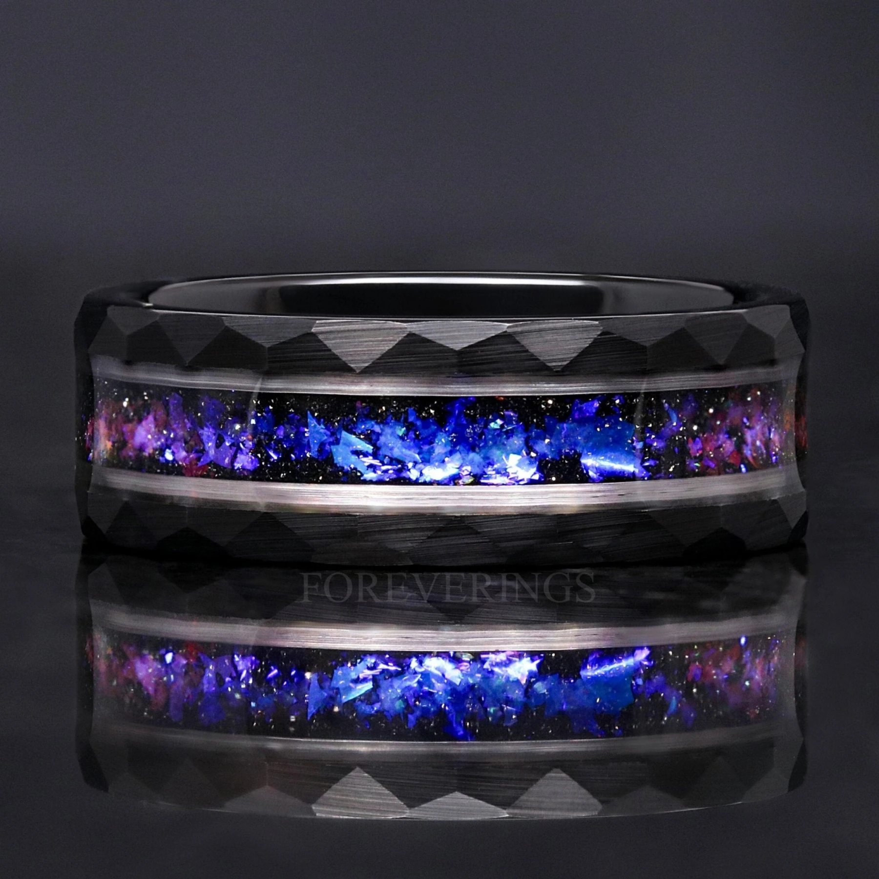 Orion Nebula Ring, Mens Wedding Band, Black Hammered Tungsten