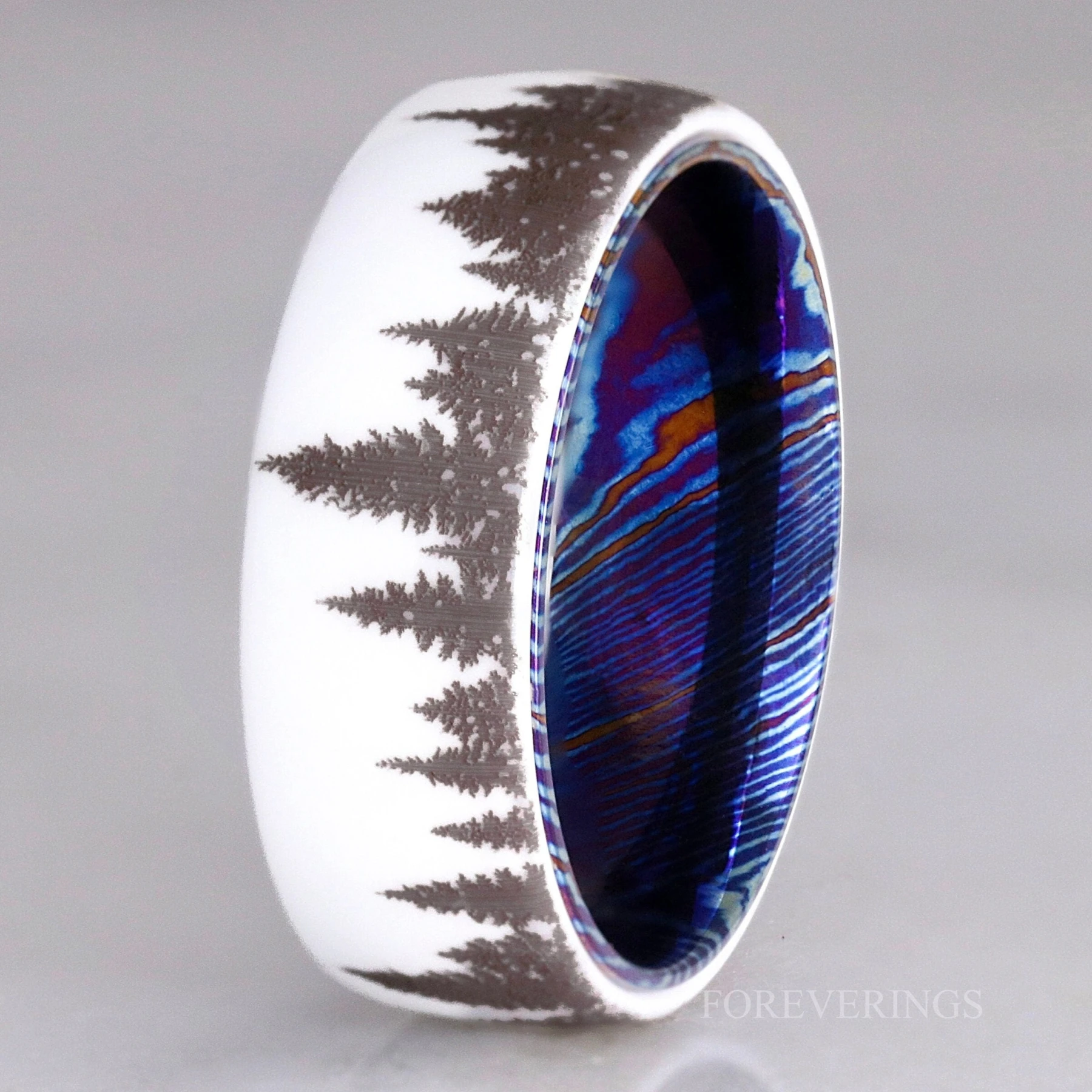 Timascus White Forest Tree Band, Man Wedding Band, Ceramic