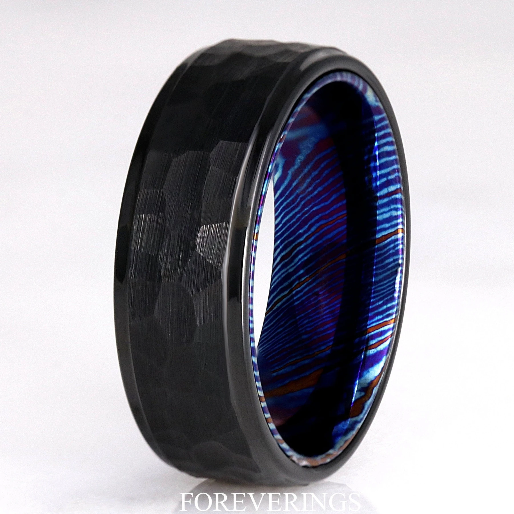 Timascus Black Hammered Ring, Man Tungsten Wedding Band, Matte Brushed