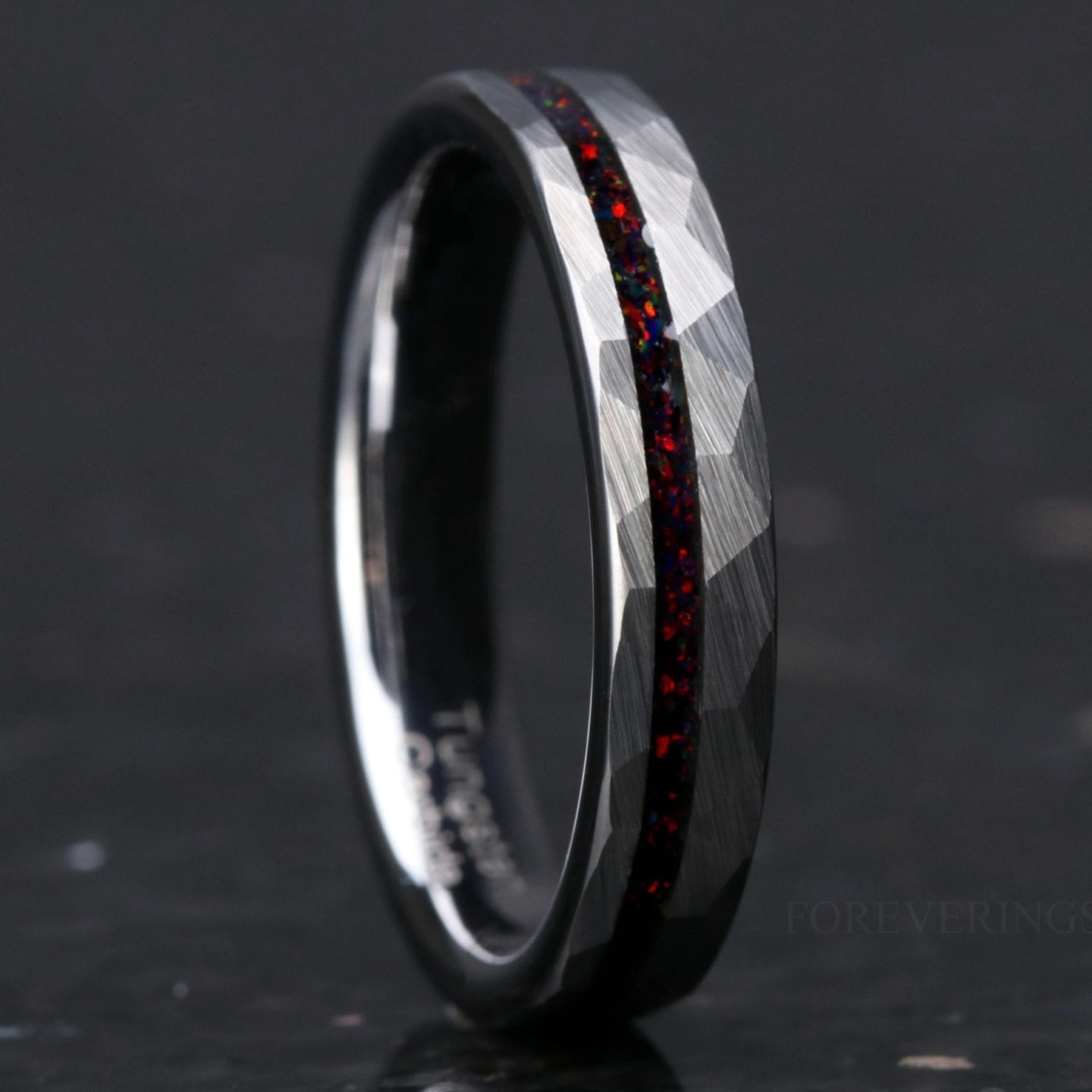 Hammered Black Opal Ring | Tungsten Wedding Band | 4mm