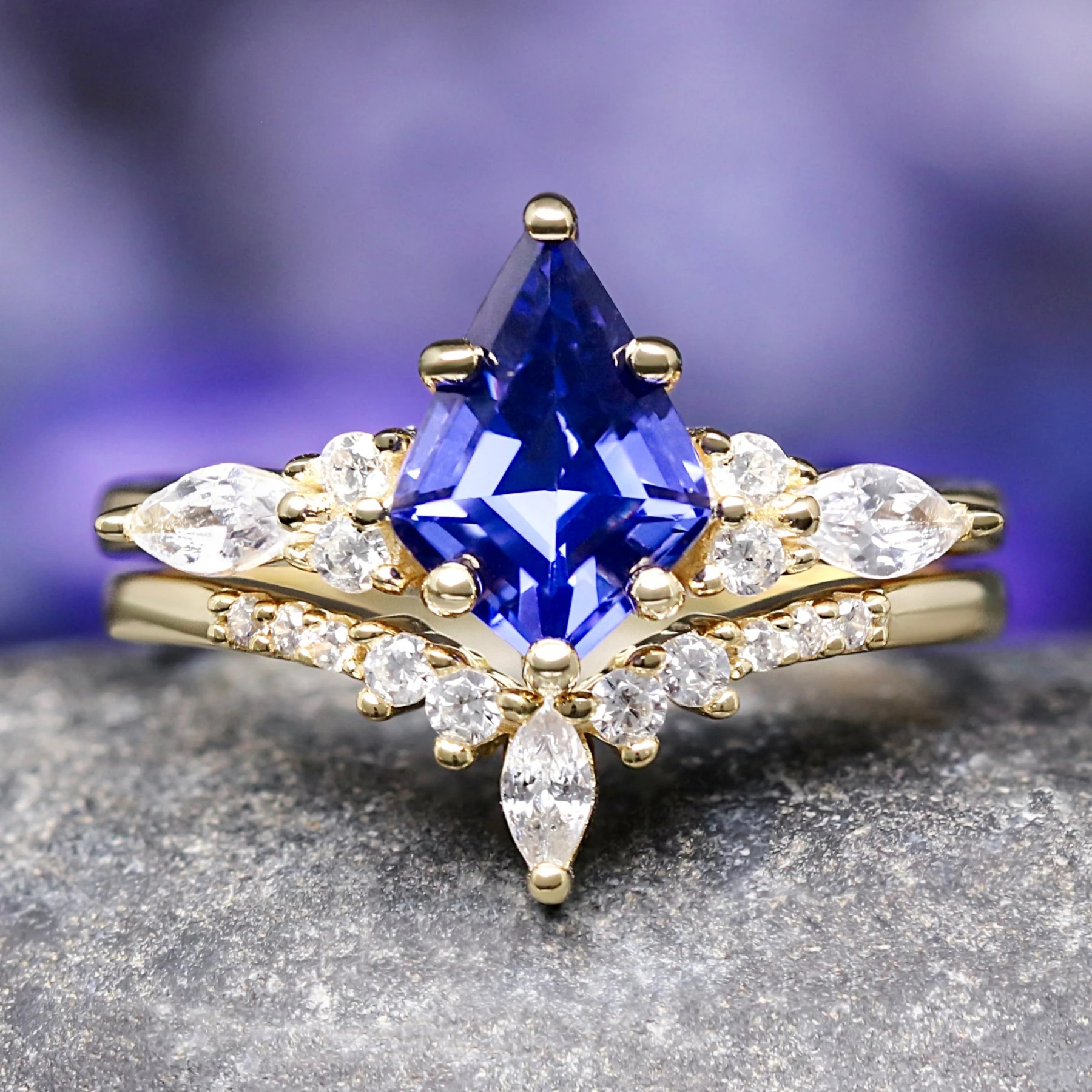 Kite Cut Blue Sapphire Engagement Ring - Orion Nebula Space Wedding Band Set
