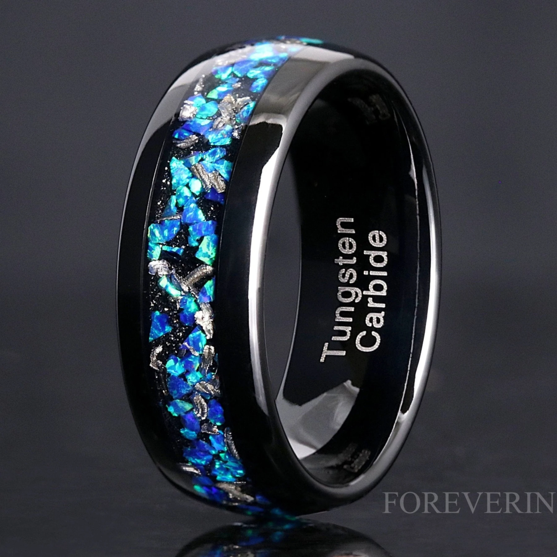 Meteorite & Blue Opal Inlay | Black Tungsten Wedding Band | 8mm