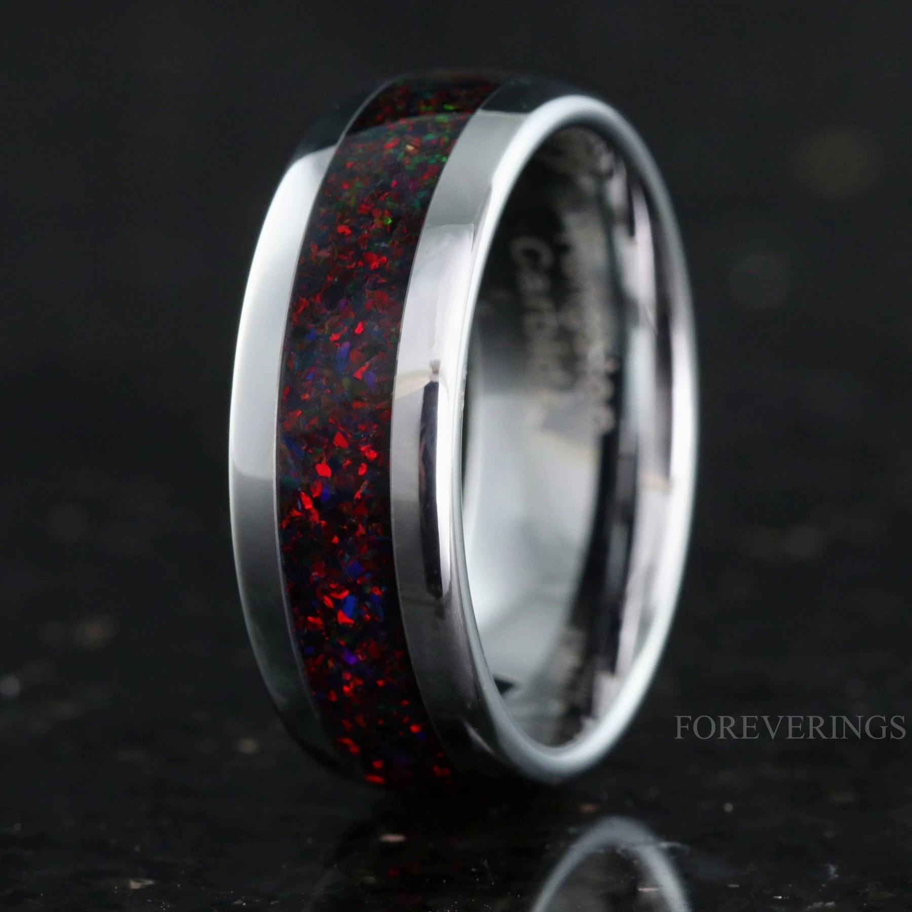 Black Fire Opal Ring | Mens Silver Tungsten Wedding Band | 8mm