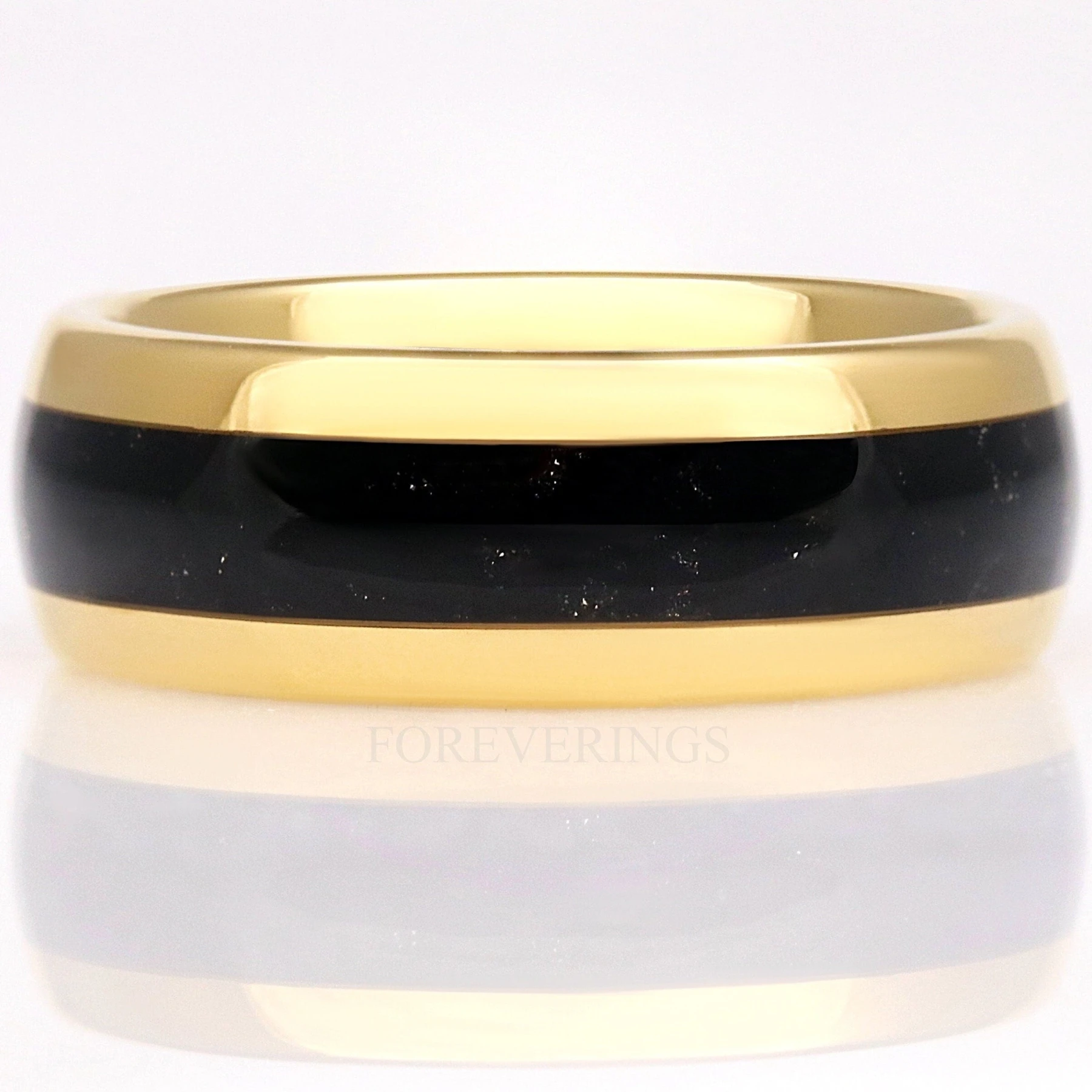 Black Onyx Mens Gold Tungsten Ring, 8mm Mens Wedding Band, Crushed Black Onyx Ring