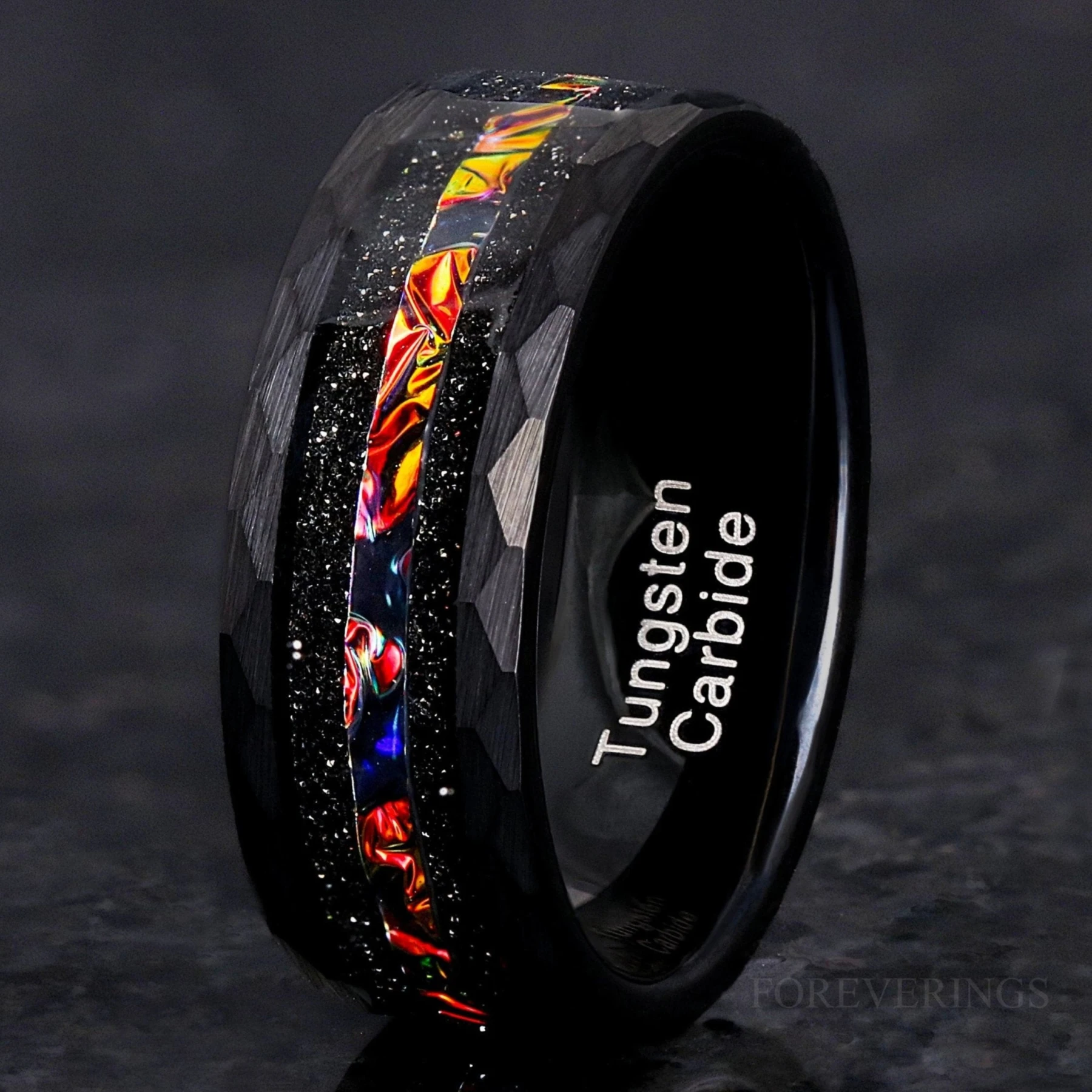 Caraxes Red Nebula Ring, Black Hammered Tungsten Wedding Band, Dichrolam