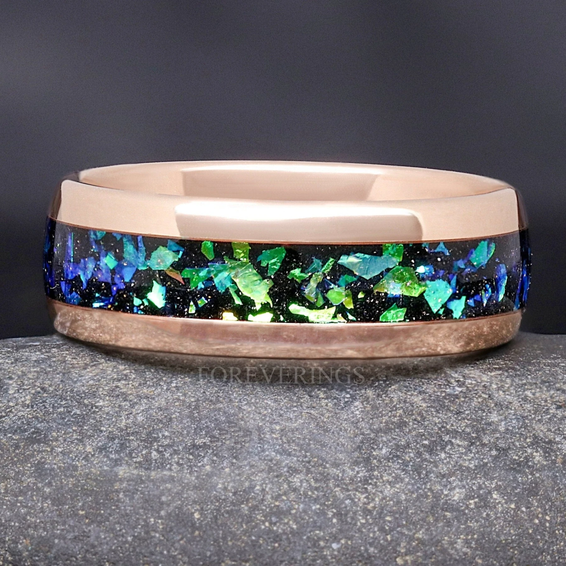 Rosette Nebula Man Rose Gold Wedding Band, Tungsten Band, Green Space Ring