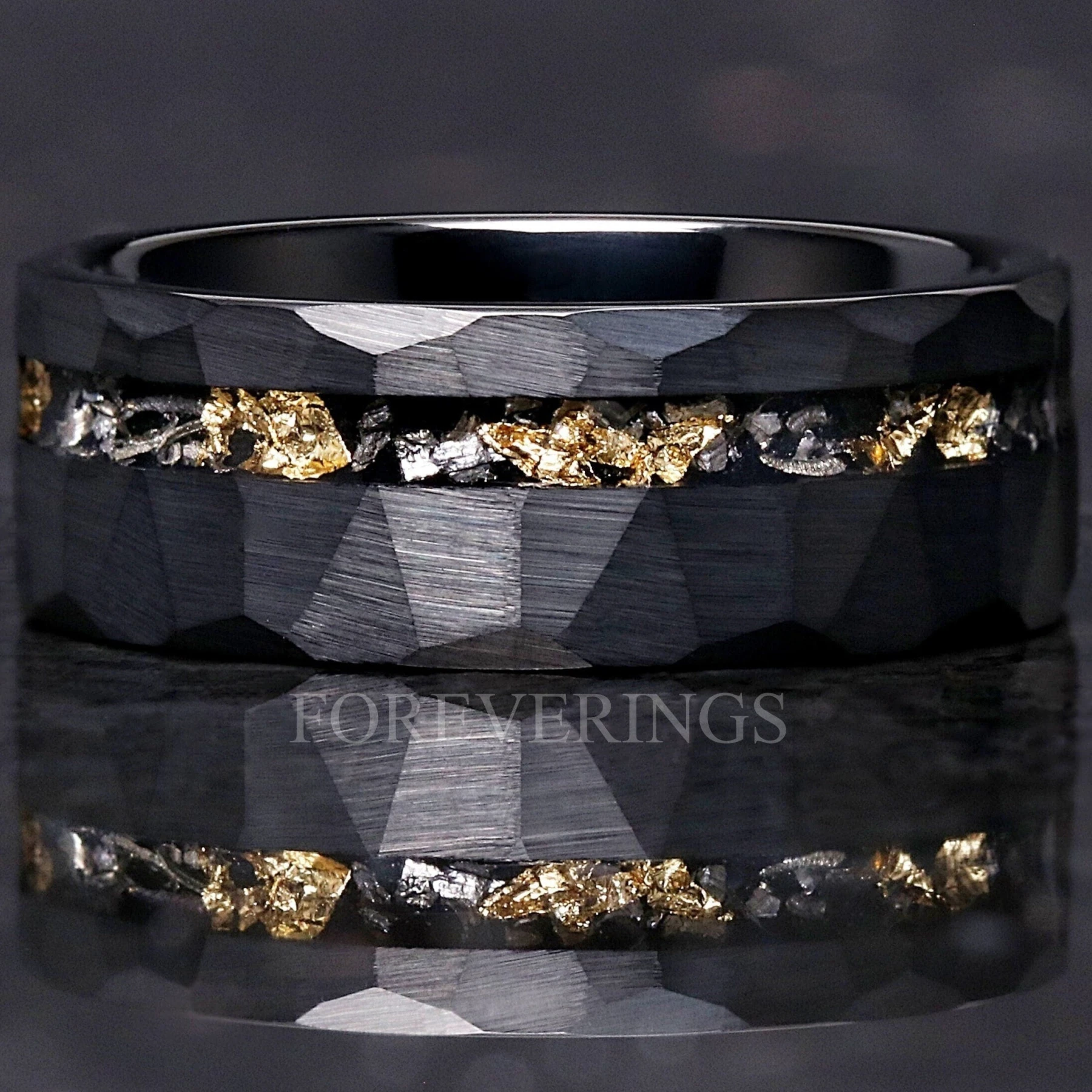 Meteorite Gold Leaf Ring, Mens Wedding Band, Brushed Black Hammered Tungsten Ring