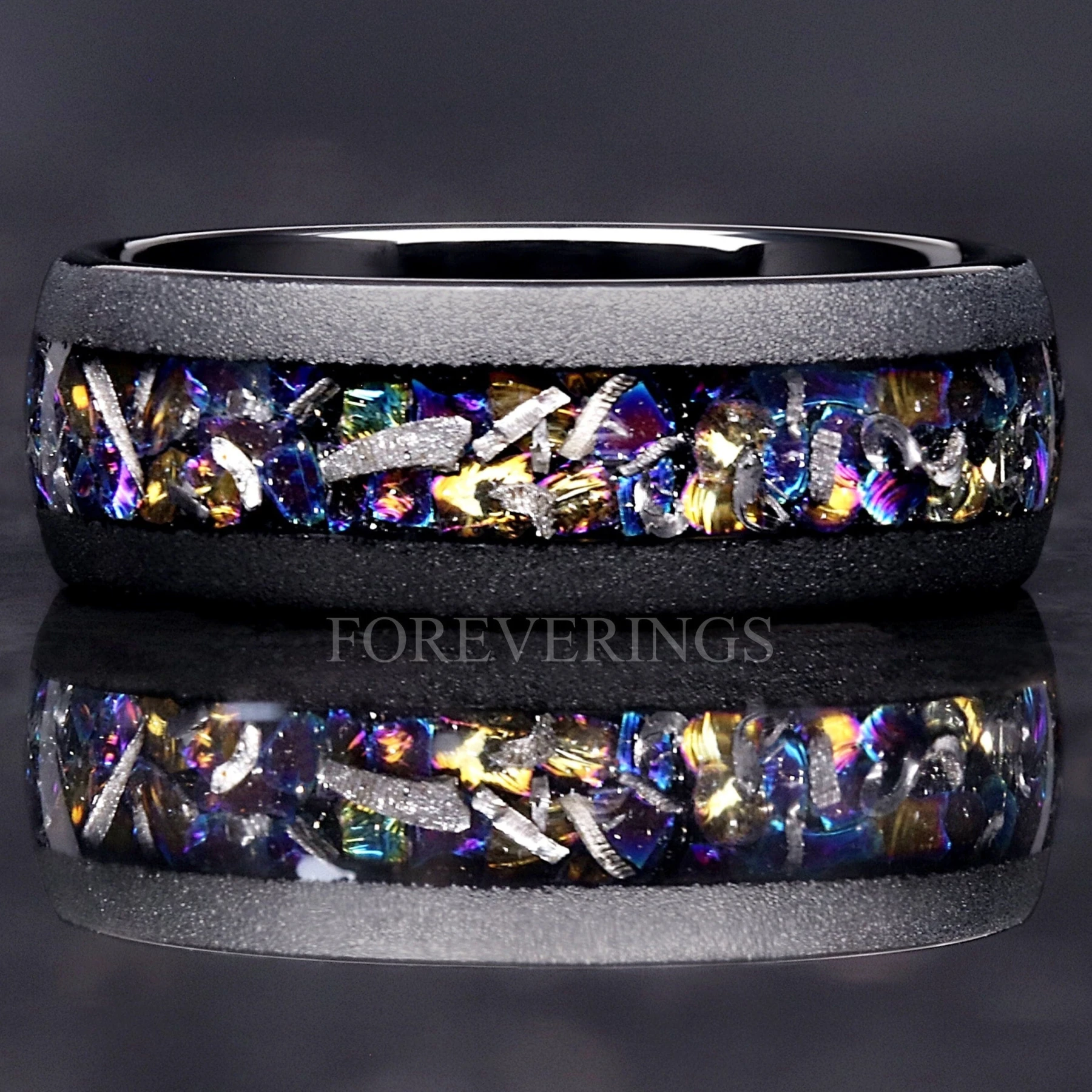 Meteorite Veil Nebula Ring, Black Tungsten Wedding Band, Witch's Broom