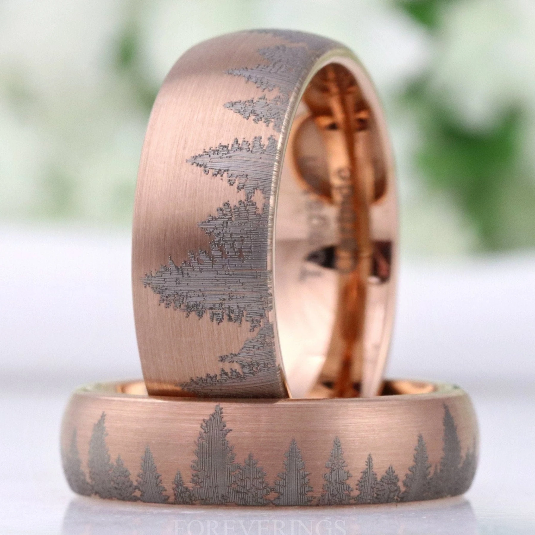 Rose Gold Forest Tree Ring, Mens Wedding Band, 8mm 6mm