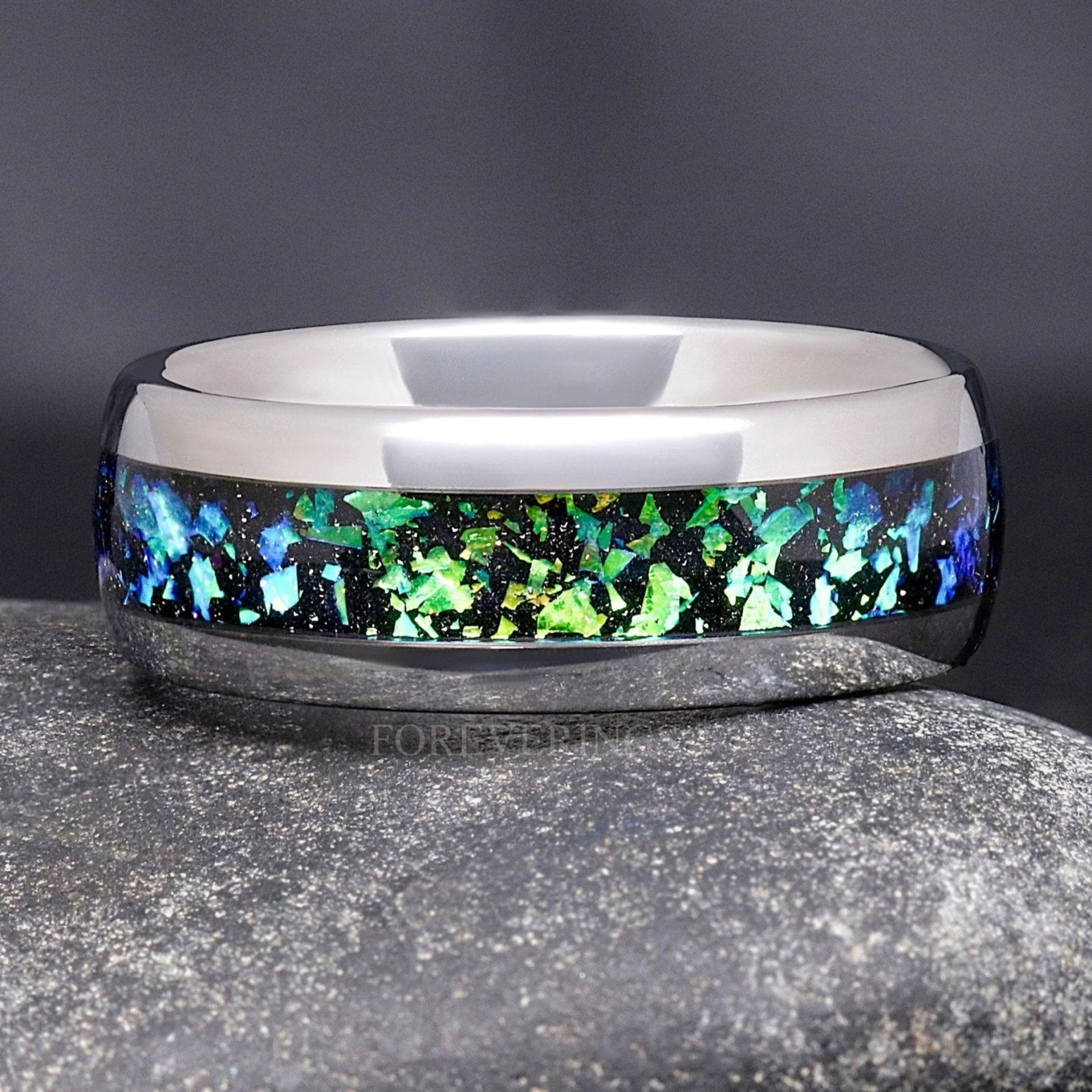Rosette Nebula Man Wedding Band, Silver Tungsten Band, Green Space Ring