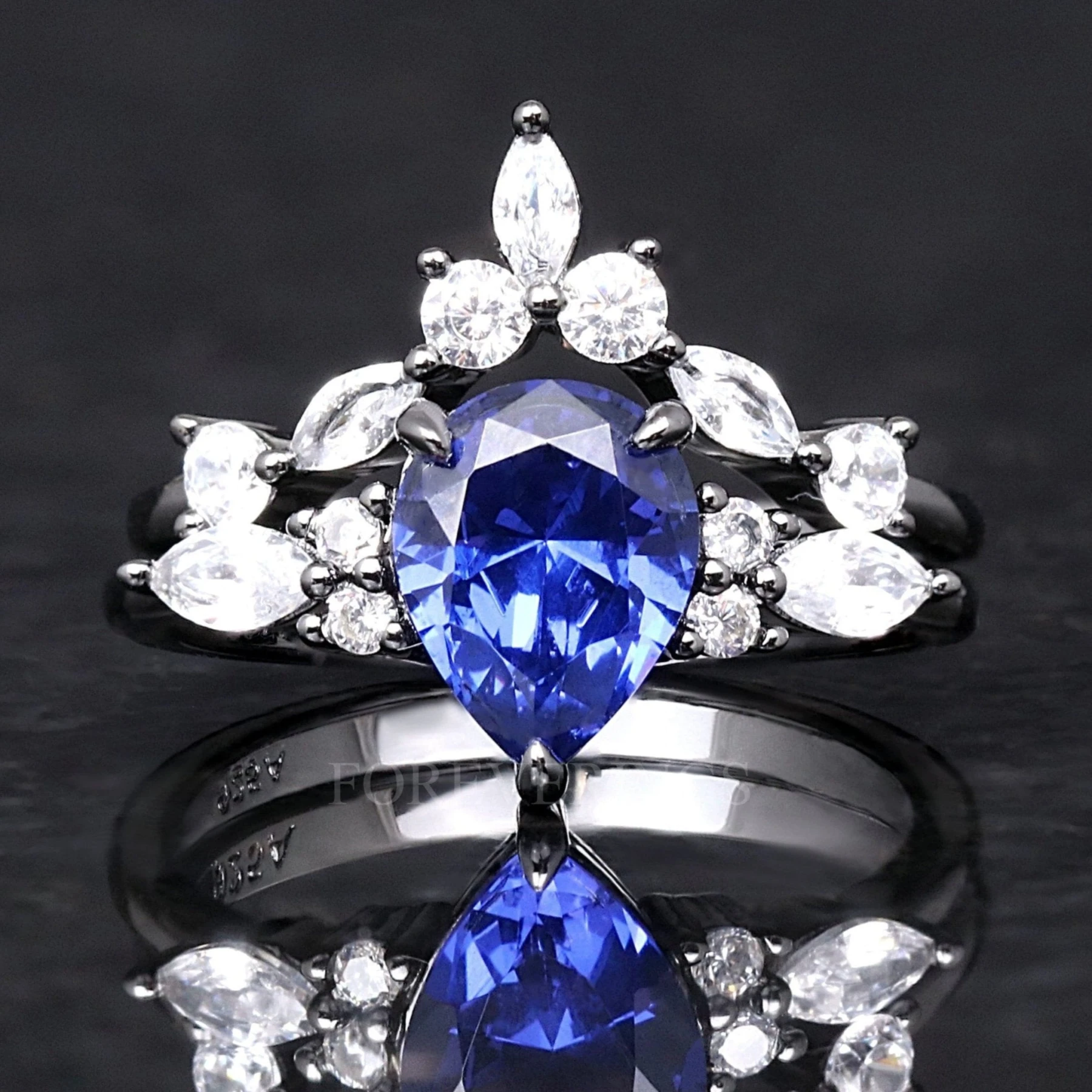 Orion Nebula Engagement Ring Set in Black Gold, Black Ring, 925 Sterling Silver