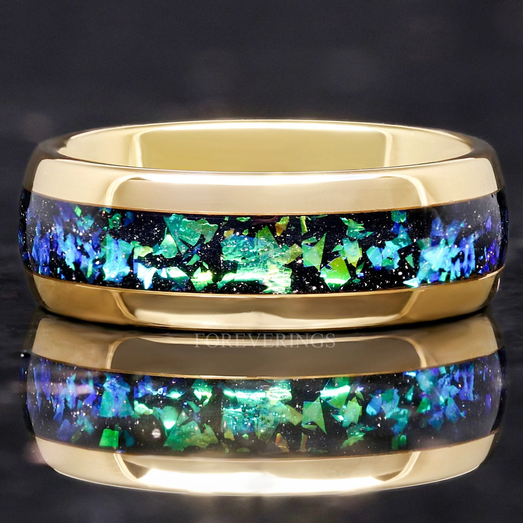 Rosette Nebula Man Gold Wedding Band, Gold Tungsten Band, Green Space Ring