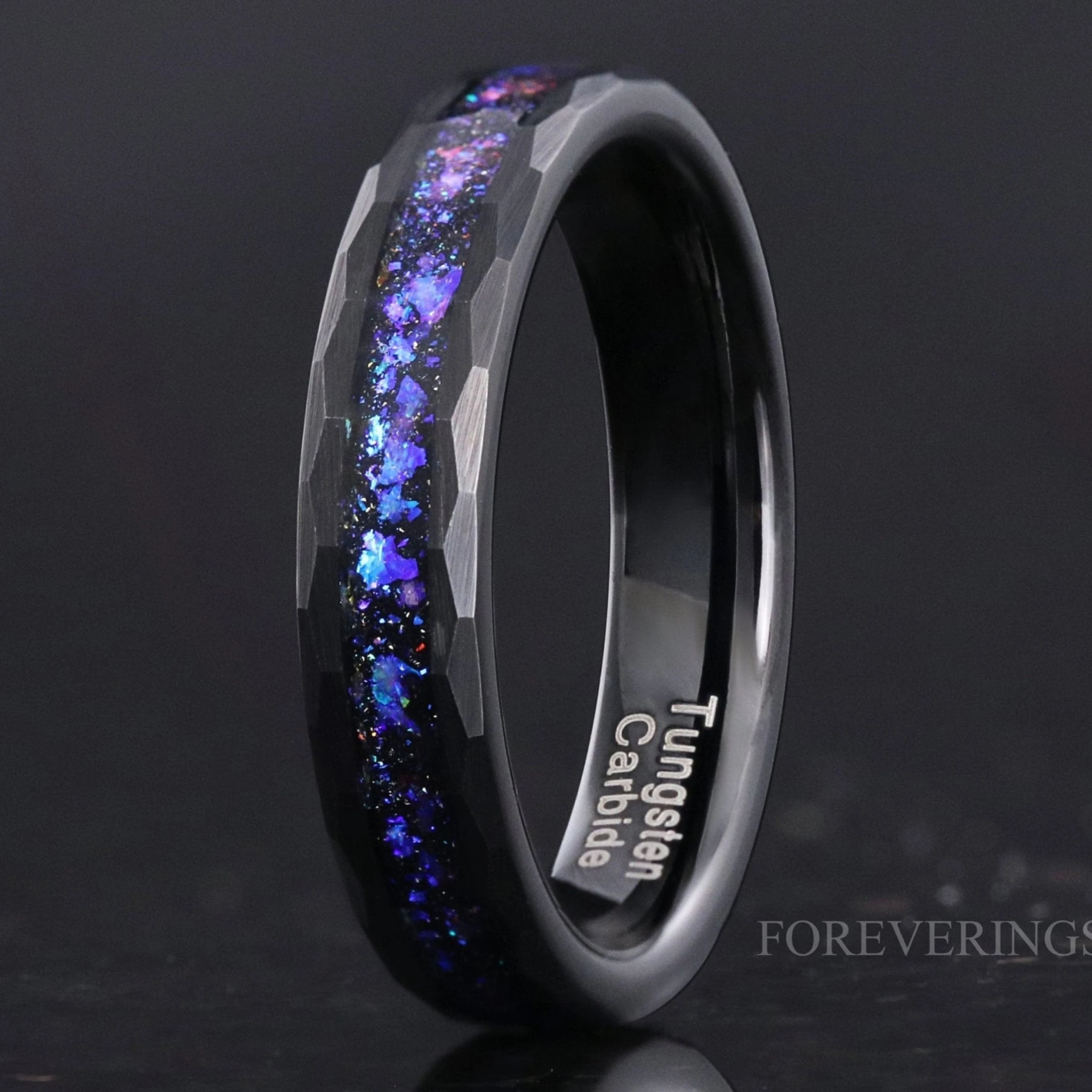 Orion Nebula Ring Hammered, 4mm Wedding Band, Black Tungsten Band