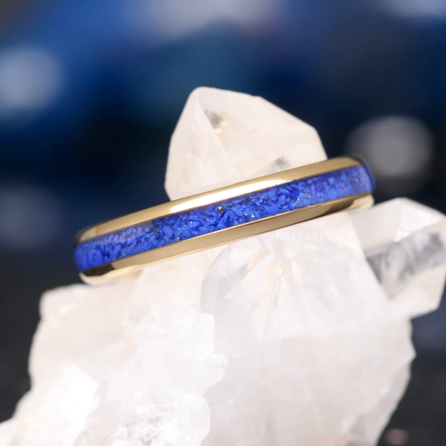 Gold Lapis Lazuli Ring, 4mm Tungsten Wedding Band, Celestial Blue Lapis Ring