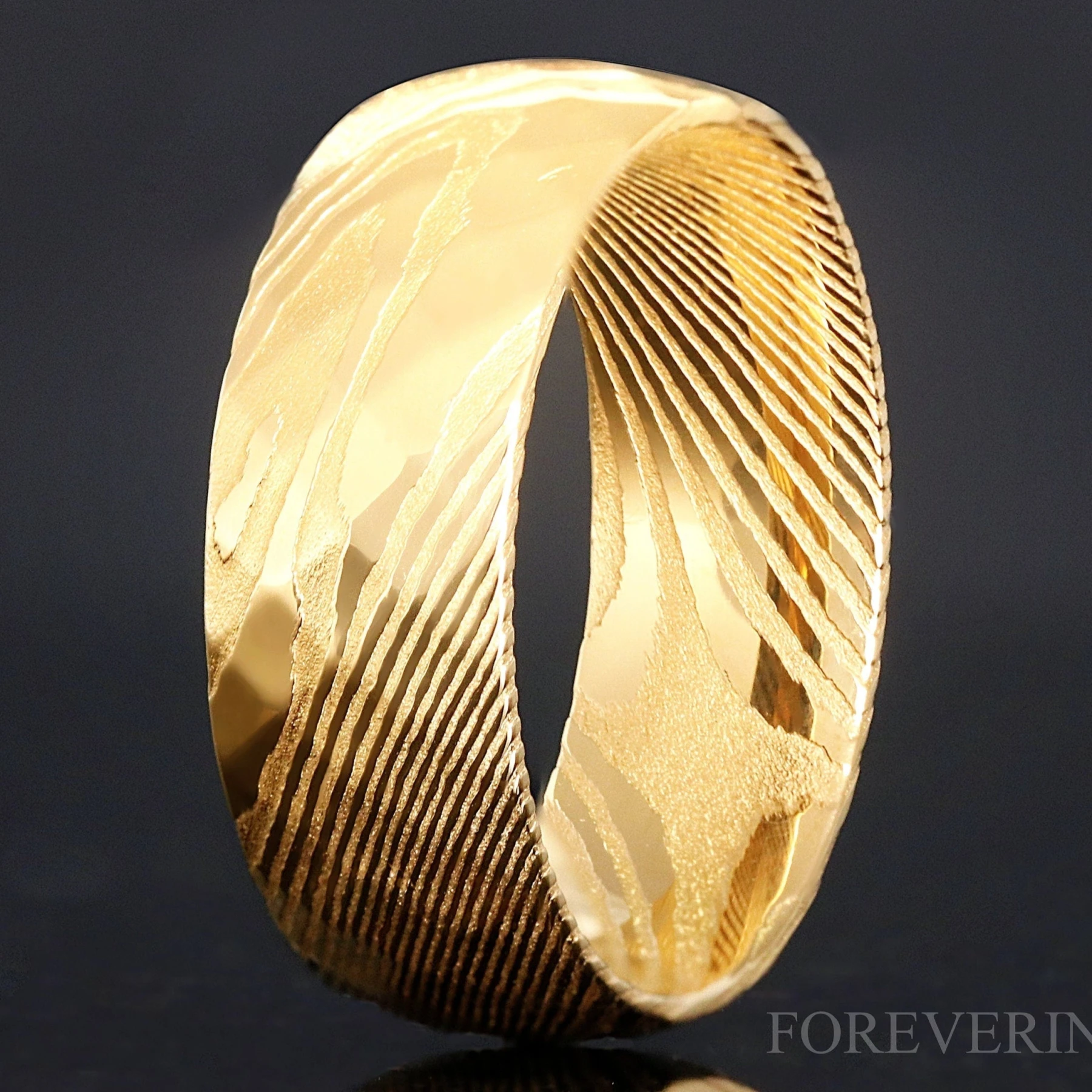 Gold Damascus Steel Band, Hammer Man Wedding Ring, 8mm