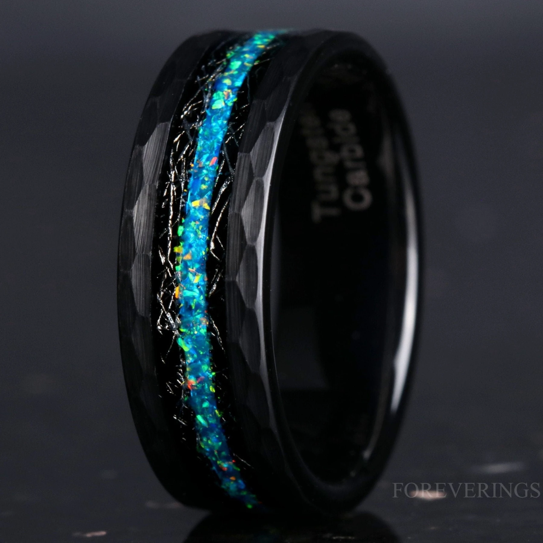 Blue Opal & Black Meteorite | Hammered Black Tungsten Wedding Band | 8mm