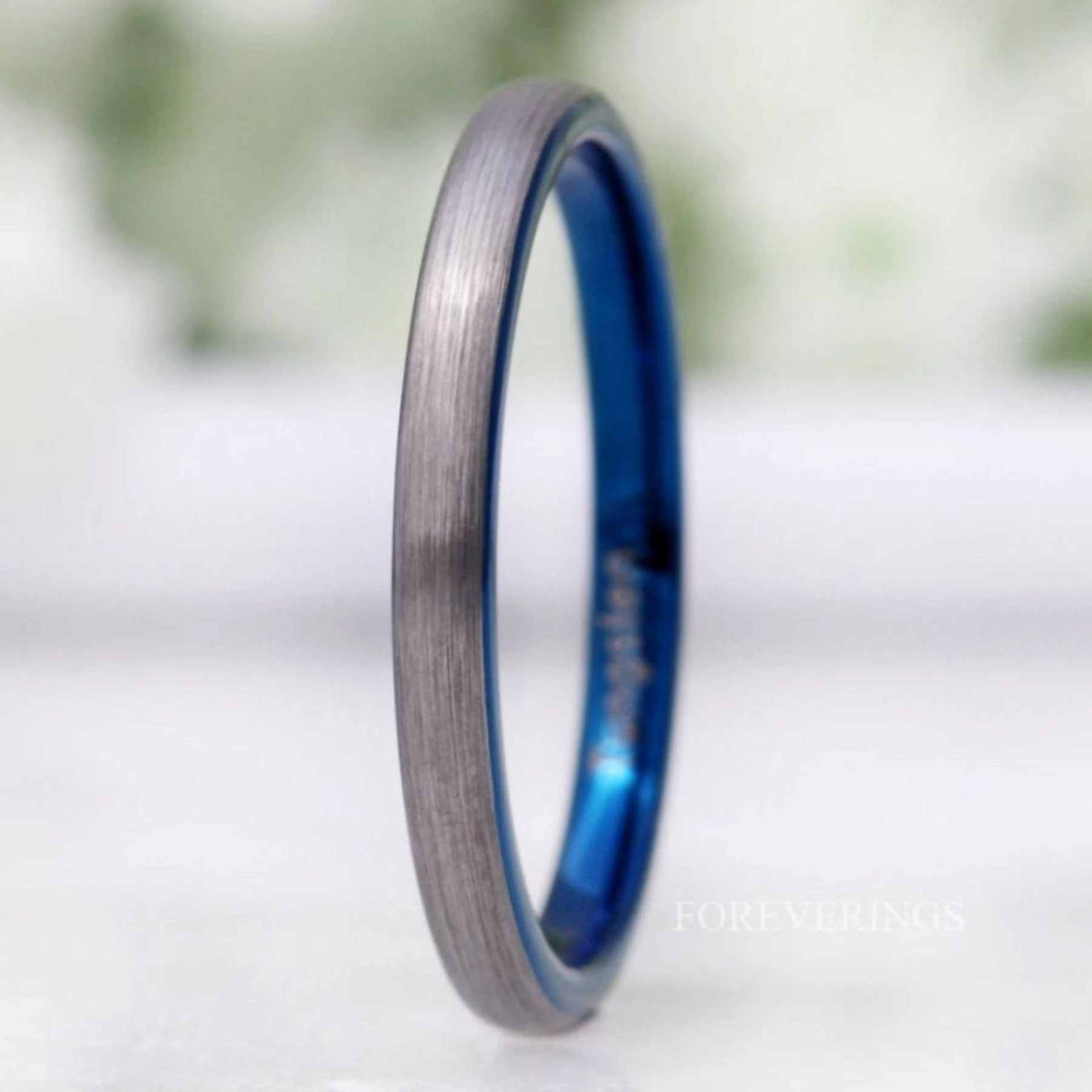 Blue Wedding Band Women Men, 2mm Tungsten Ring, Blue Two Tone Band
