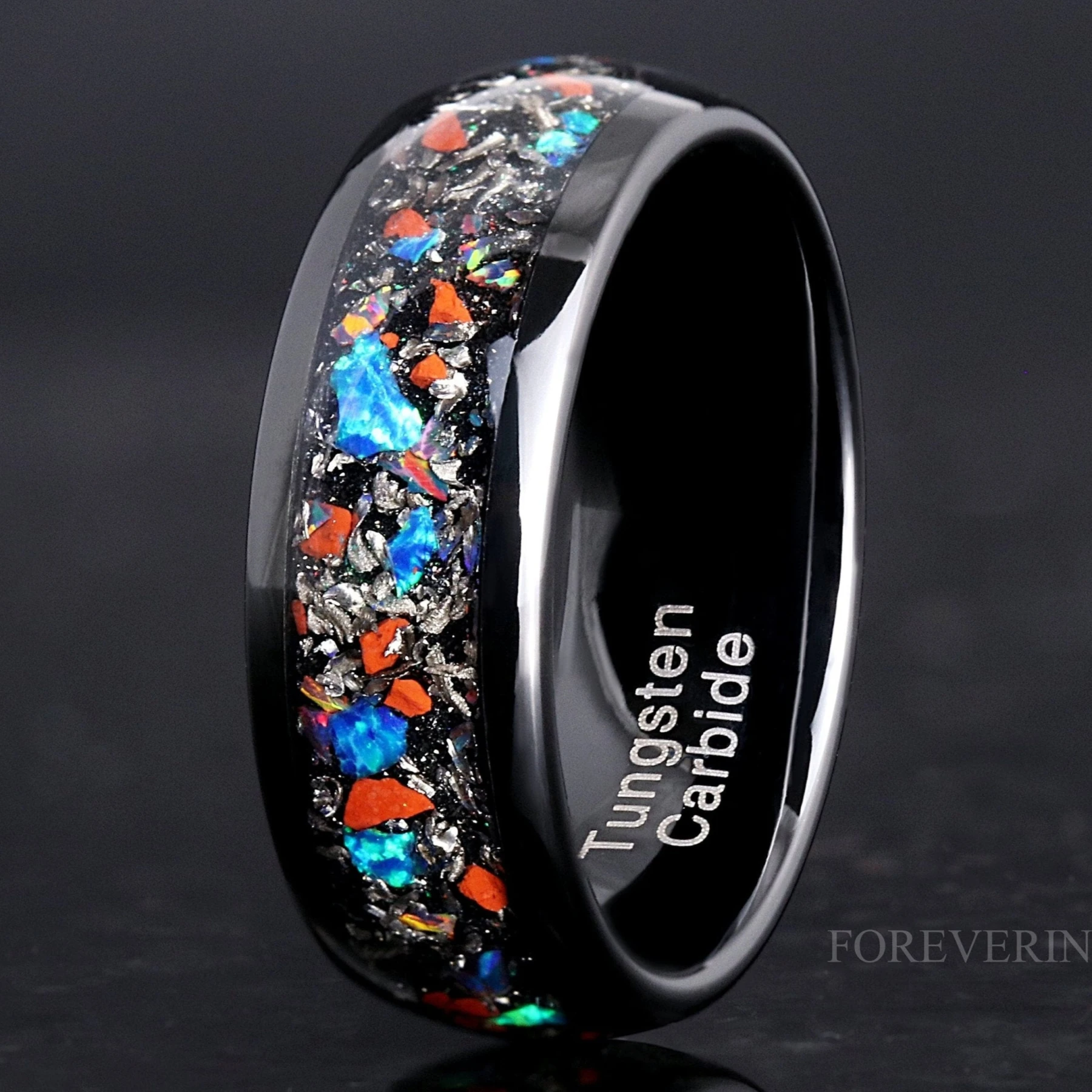 Dinosaur Bone & Meteorite Galaxy Opal Inlay | Men's Black Tungsten Ring