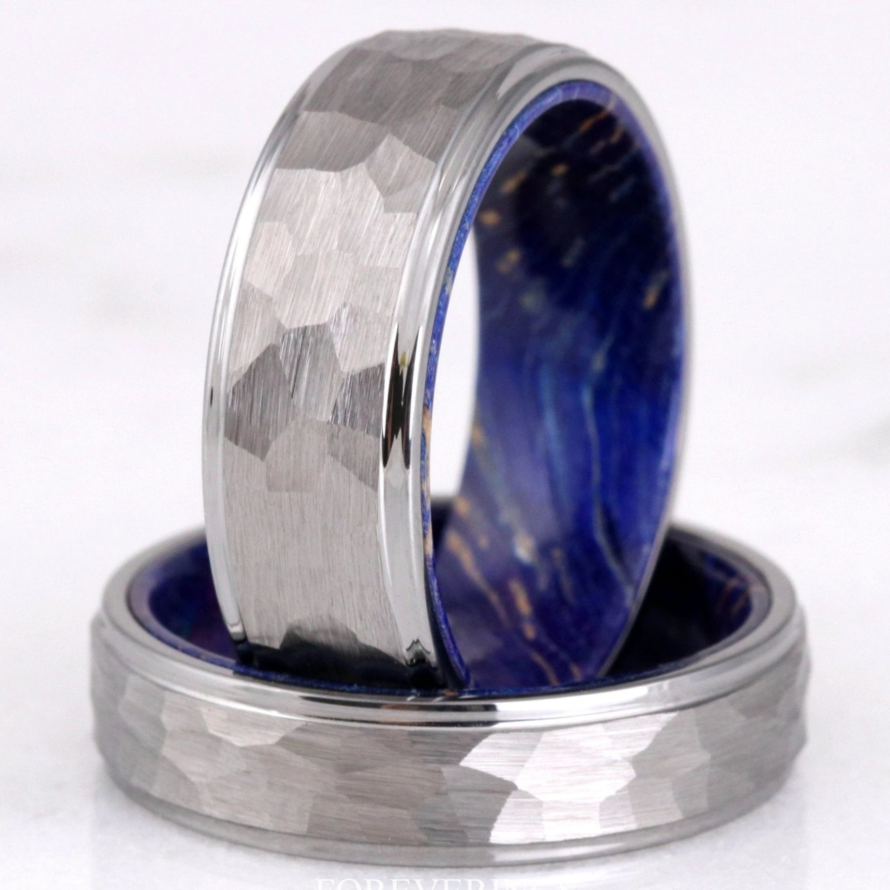 Mens Blue Wood Ring, Silver Tungsten Wedding Band, 8mm-6mm