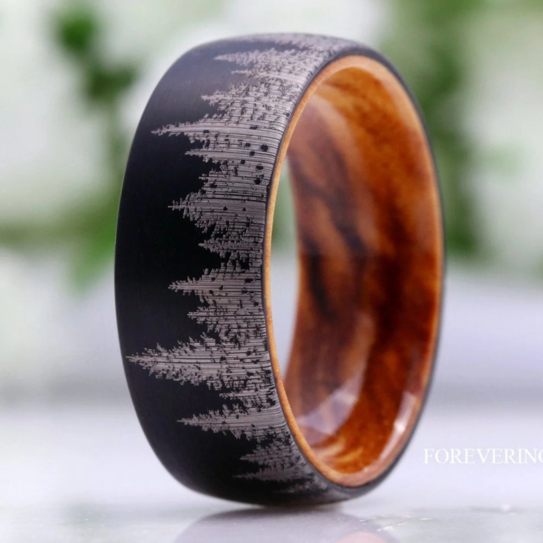 Men Black Forest Band with Olive Wood, Black Tungsten Wedding Ring