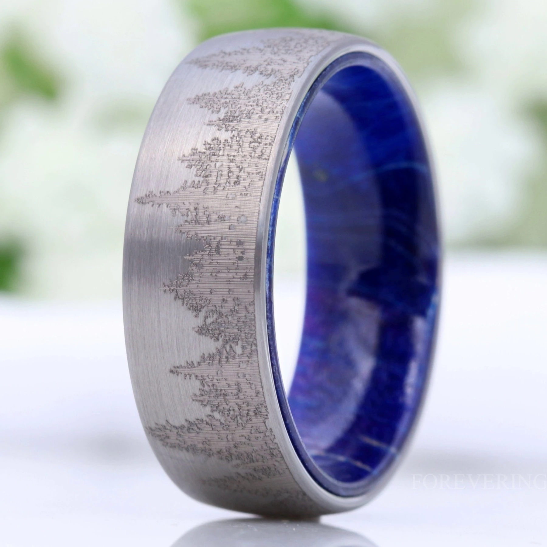 Men Silver Forest Band with Blue Wood, Men Tungsten Wedding Band, Pine Trees Band